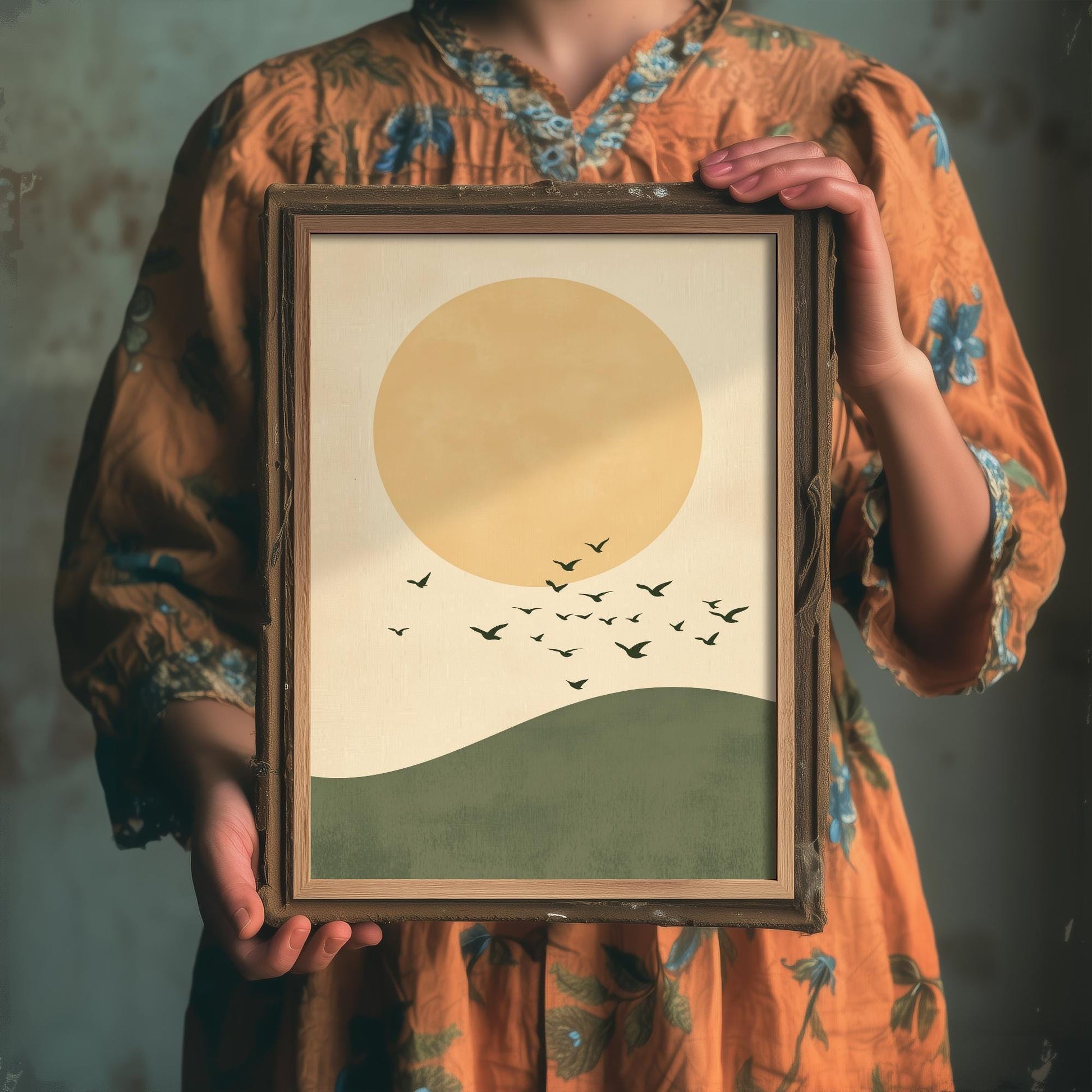 Birds in Sky with Large Moon Art Print | Golden Moon Bird Flock Poster | Japanese Ukiyo-e Inspired Painting Wall Decor 3/3