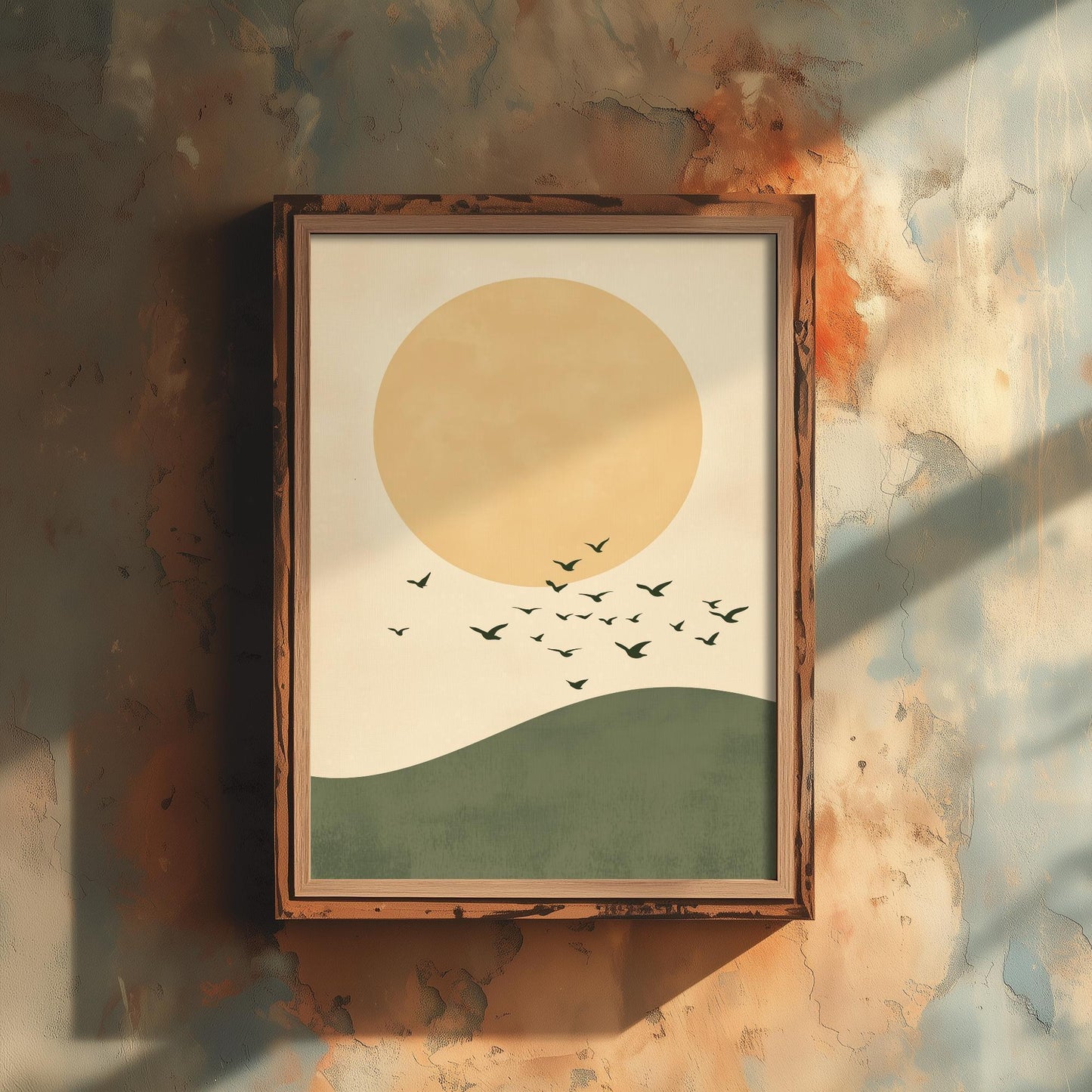 Birds in Sky with Large Moon Art Print | Golden Moon Bird Flock Poster | Japanese Ukiyo-e Inspired Painting Wall Decor 3/3