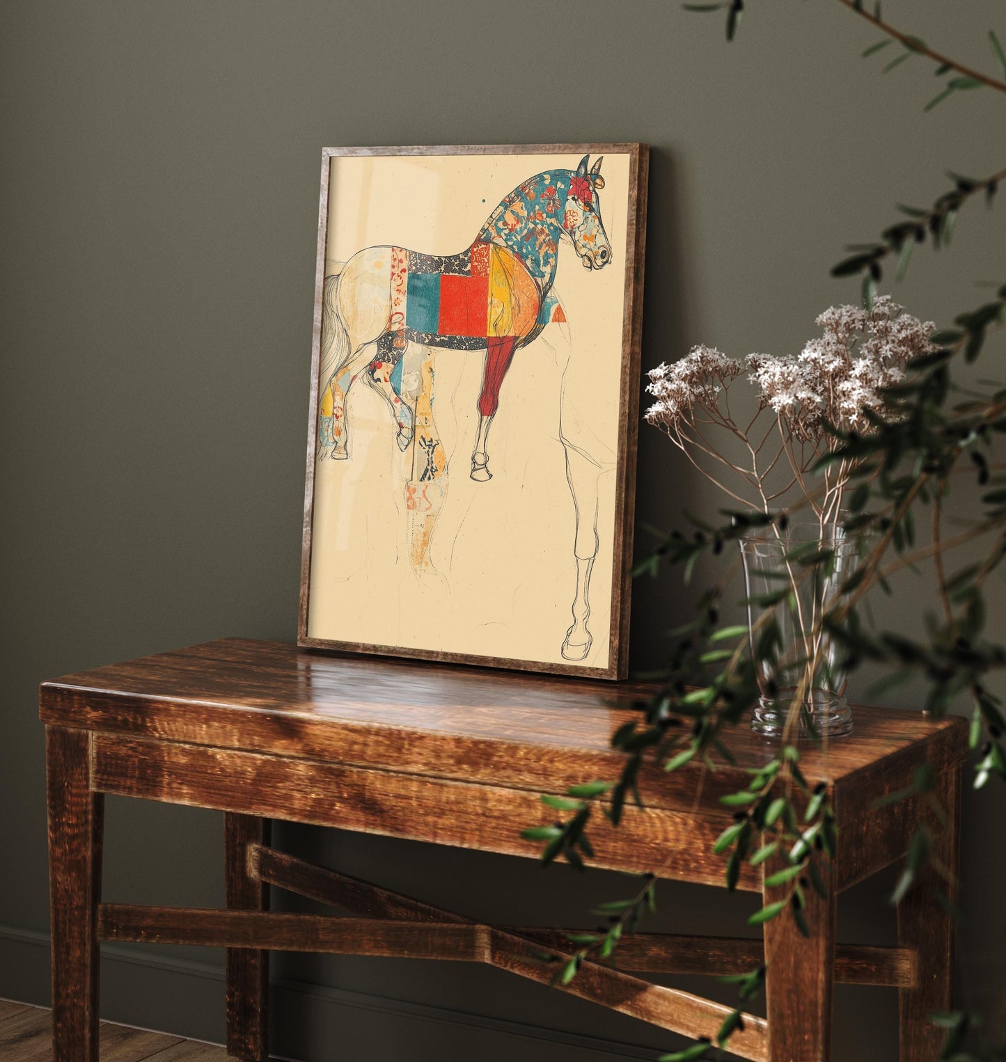 Feral Floral Horse Art Print V1 - Patchwork Sketch Standing Horse Poster - Bold Colourful Woodcut Collage Painting Animals Gift 1/3