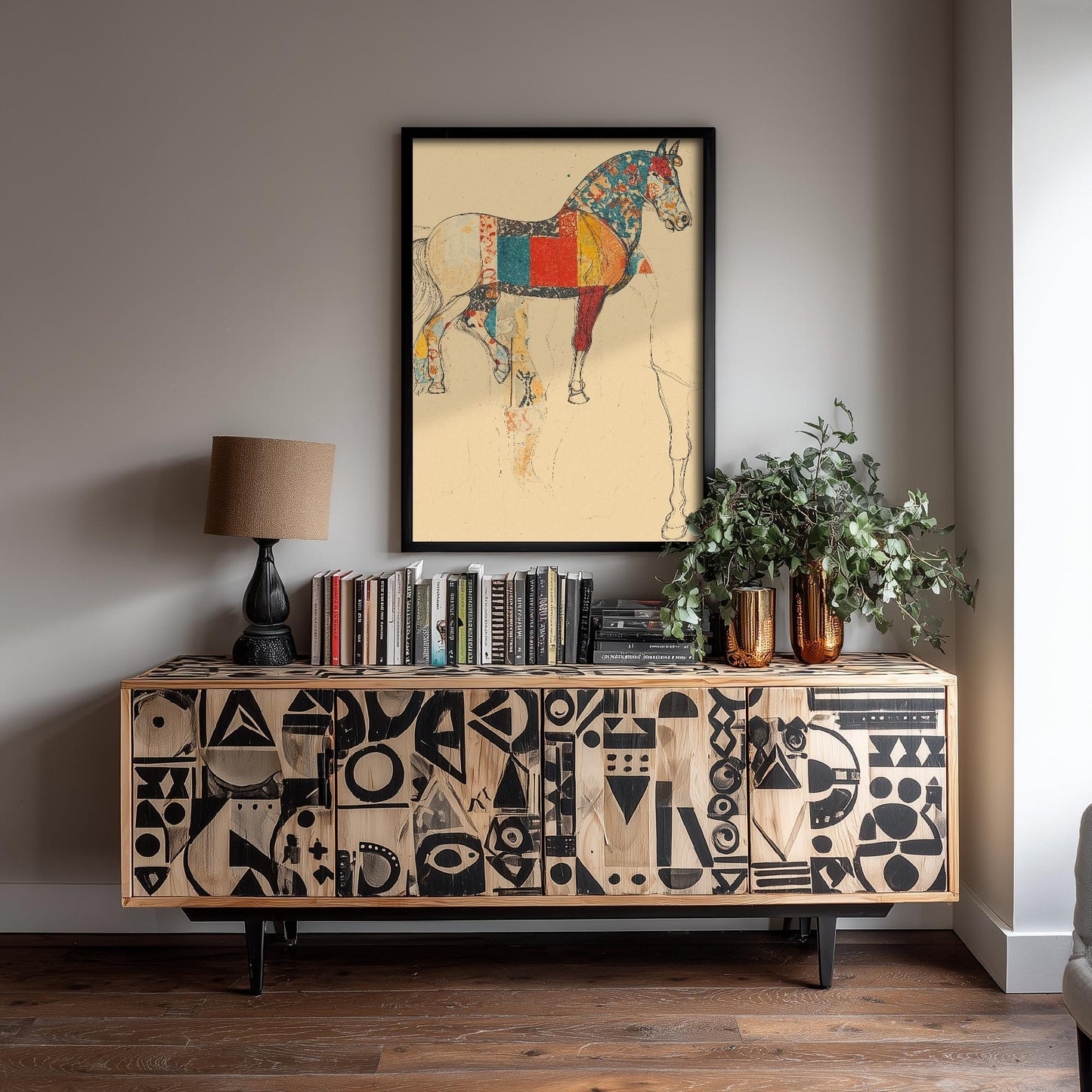 Feral Floral Horse Art Print V1 - Patchwork Sketch Standing Horse Poster - Bold Colourful Woodcut Collage Painting Animals Gift 1/3