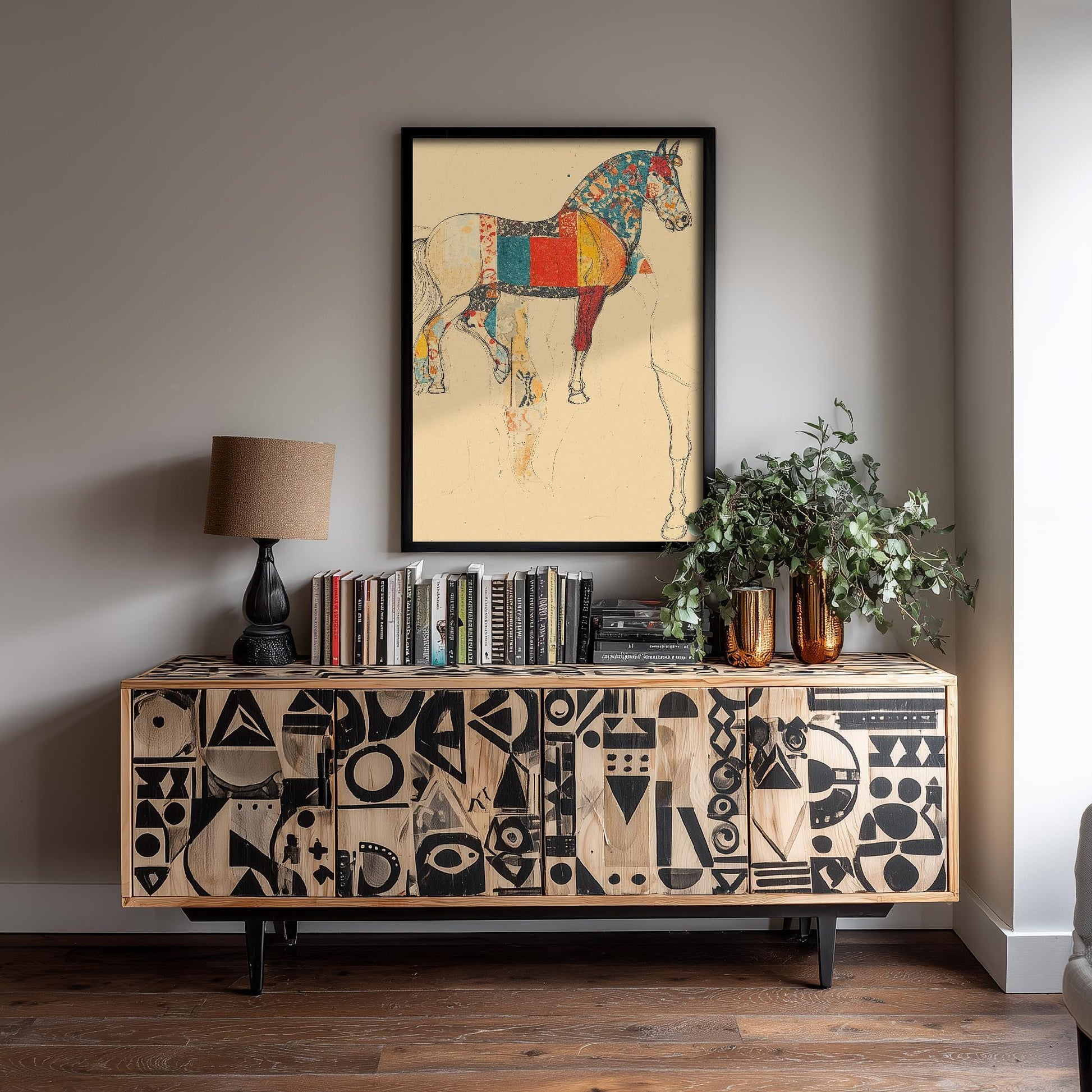 Feral Floral Horse Art Print V1 - Patchwork Sketch Standing Horse Poster - Bold Colourful Woodcut Collage Painting Animals Gift 1/3