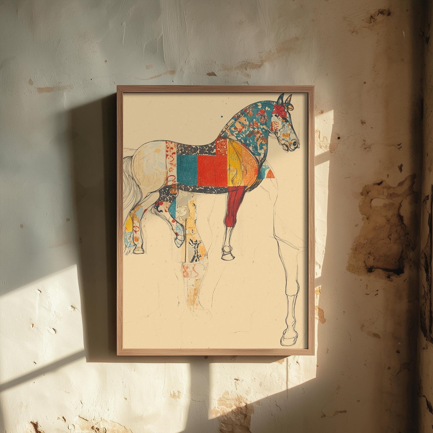 Feral Floral Horse Art Print V1 - Patchwork Sketch Standing Horse Poster - Bold Colourful Woodcut Collage Painting Animals Gift 1/3