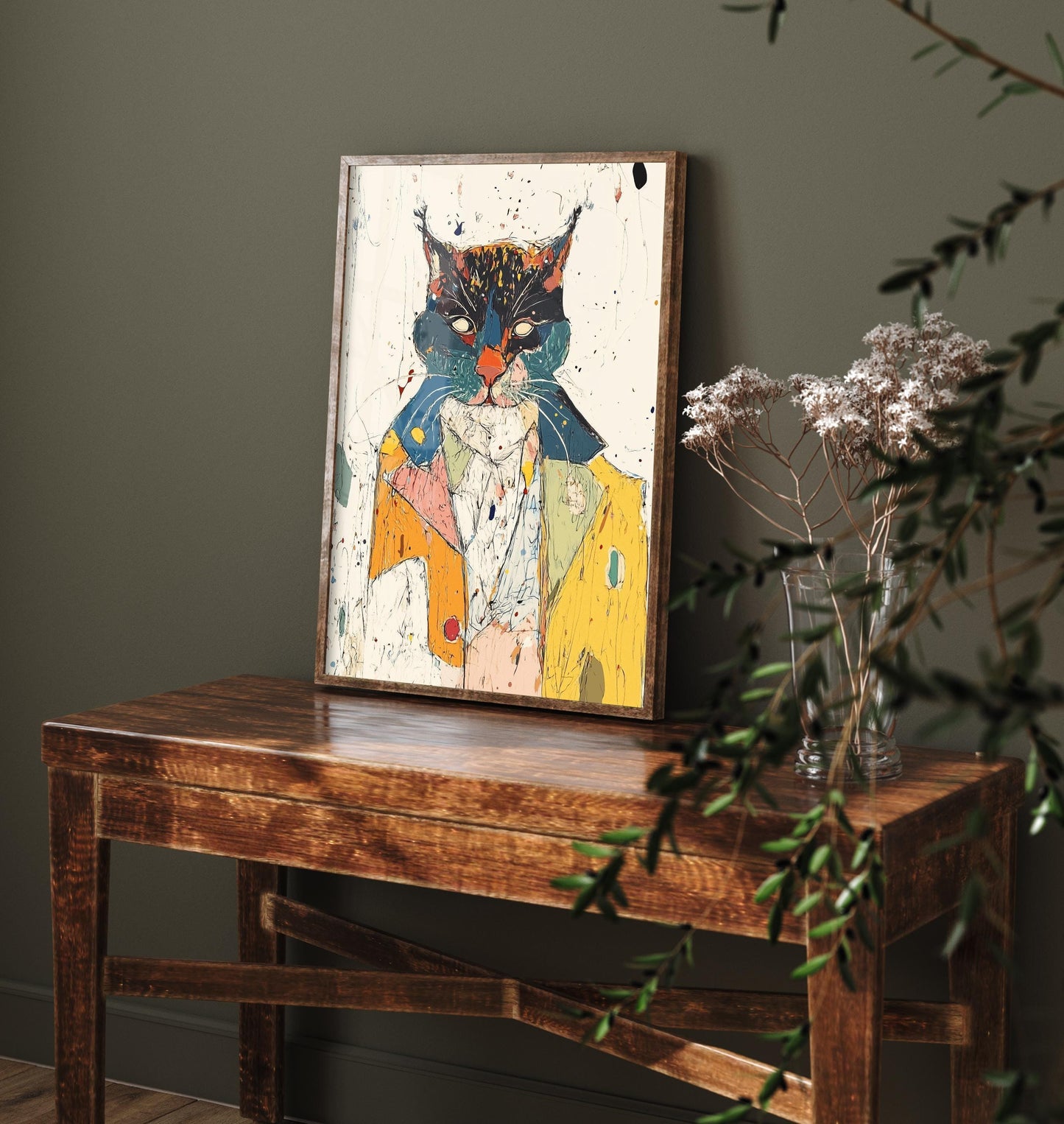 Feral Floral Cat Art Print - Suited Cat in Yellow Jacket Poster - Bold Colourful Woodcut Collage Painting Animals in Clothes Gift