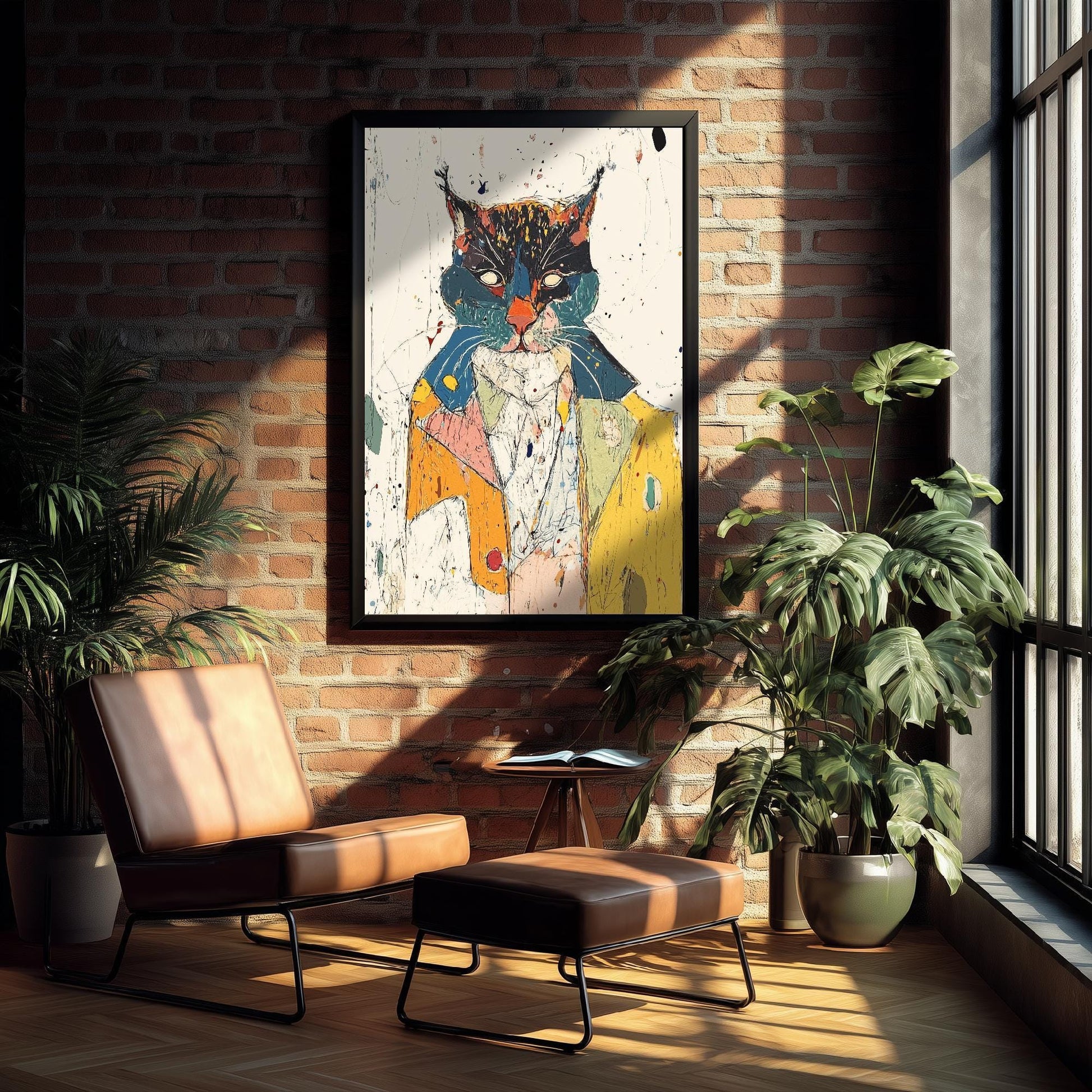 Feral Floral Cat Art Print - Suited Cat in Yellow Jacket Poster - Bold Colourful Woodcut Collage Painting Animals in Clothes Gift