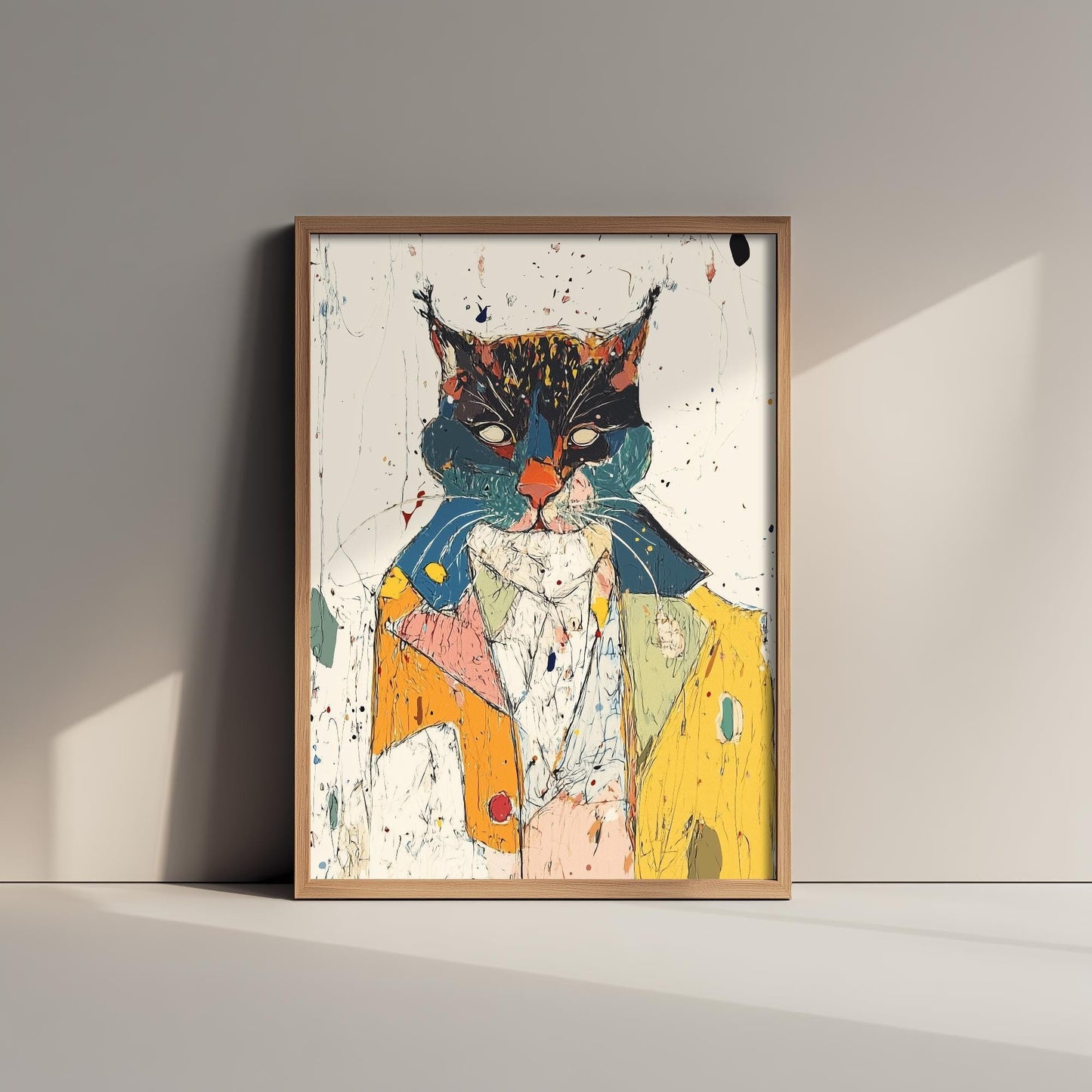 Feral Floral Cat Art Print - Suited Cat in Yellow Jacket Poster - Bold Colourful Woodcut Collage Painting Animals in Clothes Gift