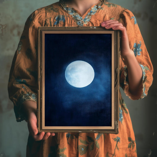 Blue Moon Art Print | Space Astronomy Wall Poster | Dark Celestial Decor | Lunar Painting 2/3