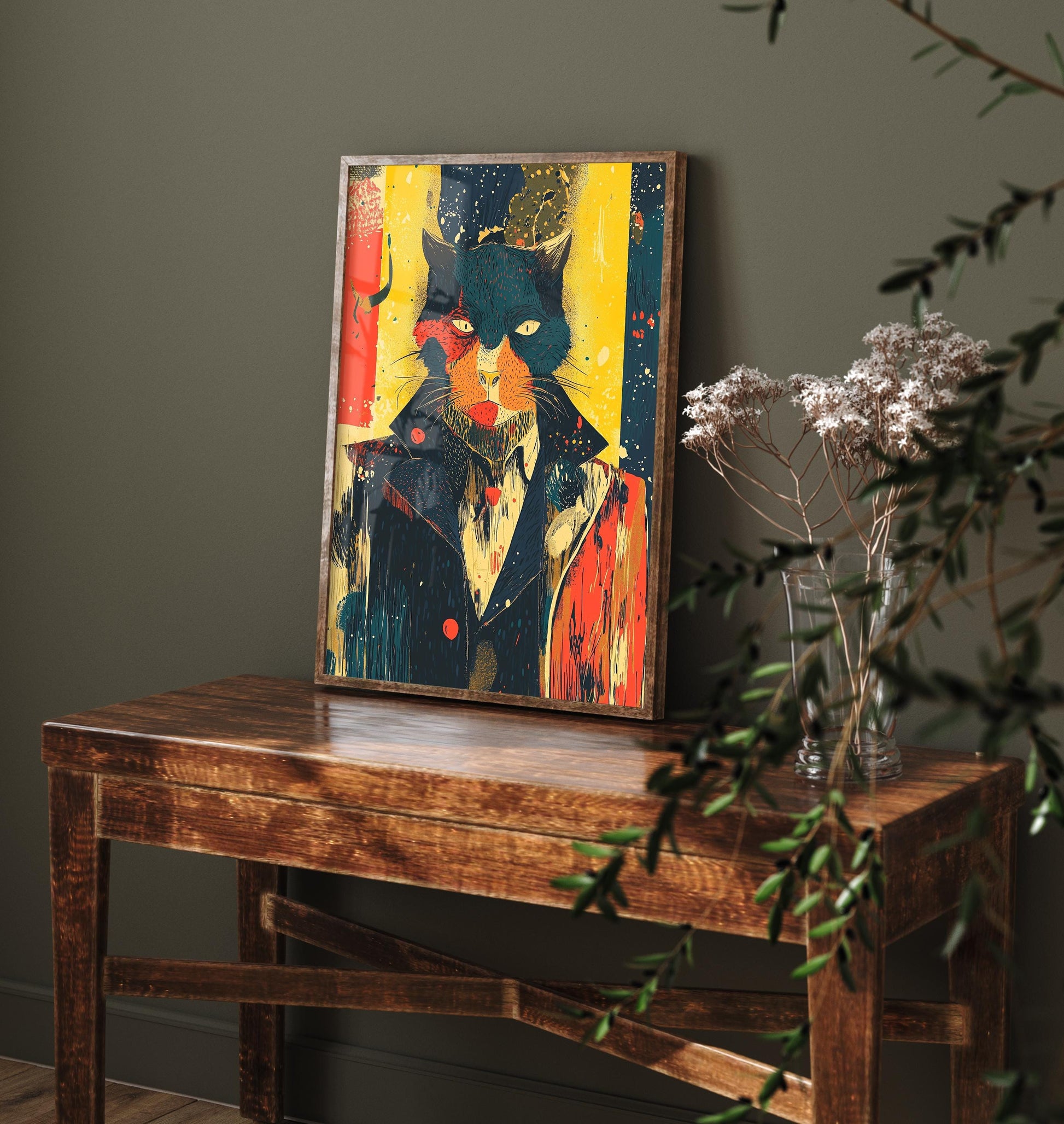 Feral Floral Cat Art Print V1 - Teal Cat Yellow Background Poster - Bold Colourful Woodcut Collage Painting Animals in Clothes Gift 3/3