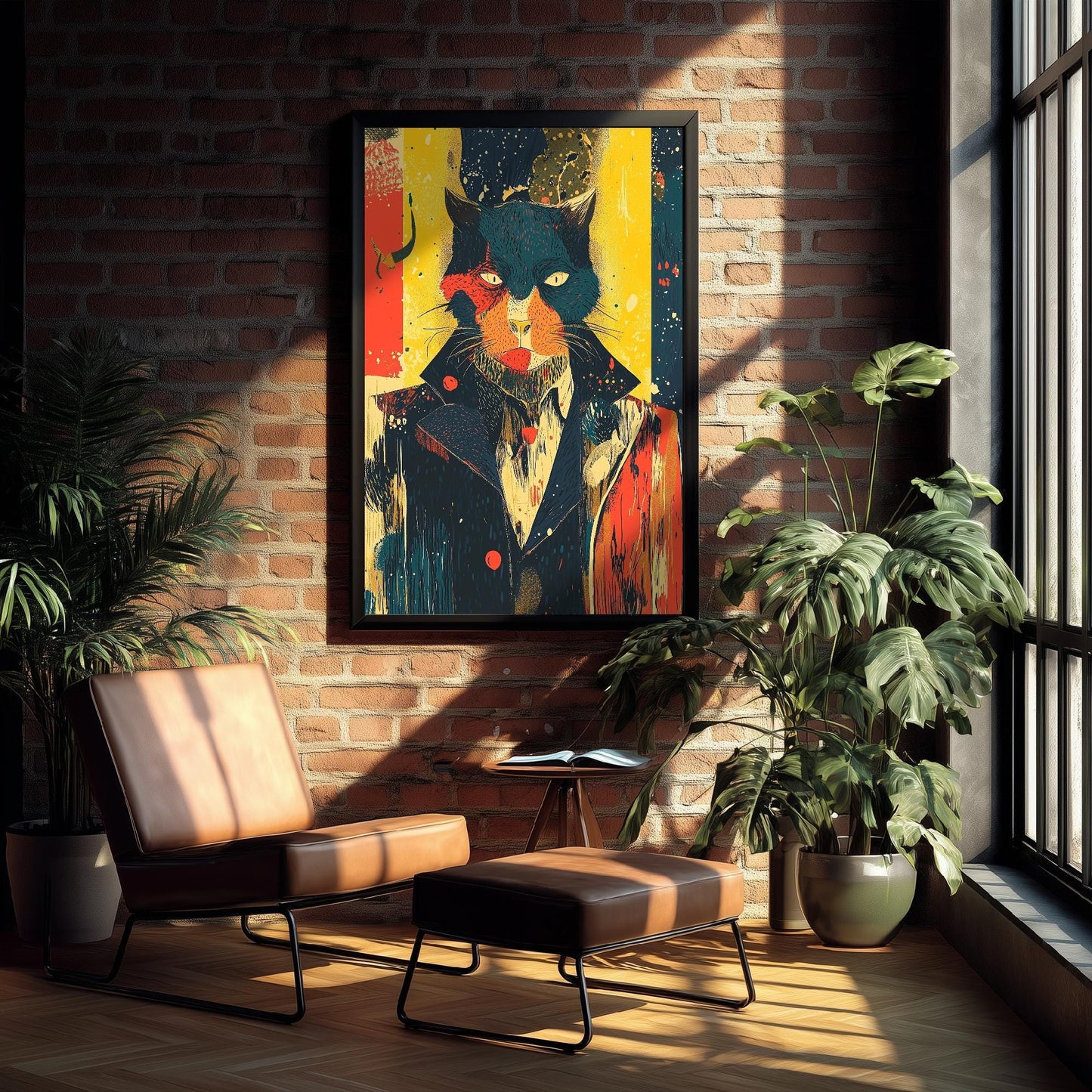 Feral Floral Cat Art Print V1 - Teal Cat Yellow Background Poster - Bold Colourful Woodcut Collage Painting Animals in Clothes Gift 3/3