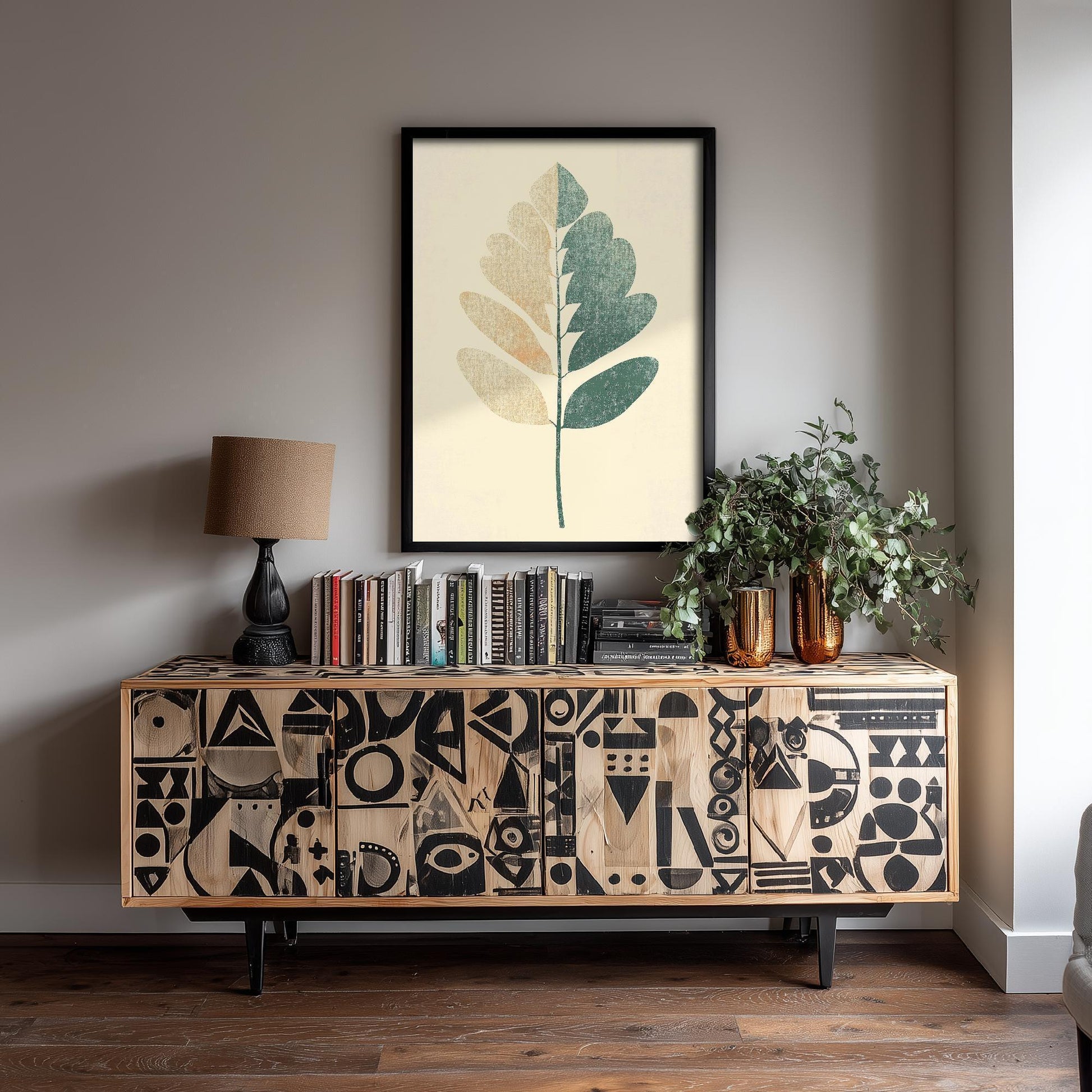 Leaf Love Art Print V2 | Bold Gold Teal Coral Leaf Botanical Poster | Japandi Nature Painting Neutral Decor 2/3