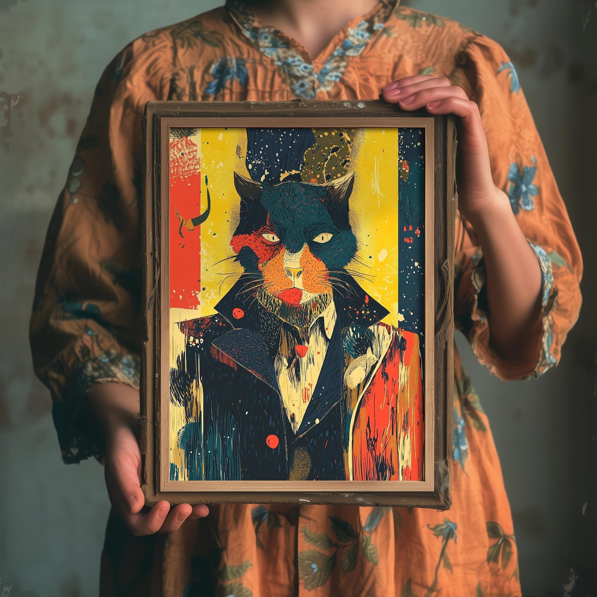 Feral Floral Cat Art Print V1 - Teal Cat Yellow Background Poster - Bold Colourful Woodcut Collage Painting Animals in Clothes Gift 3/3
