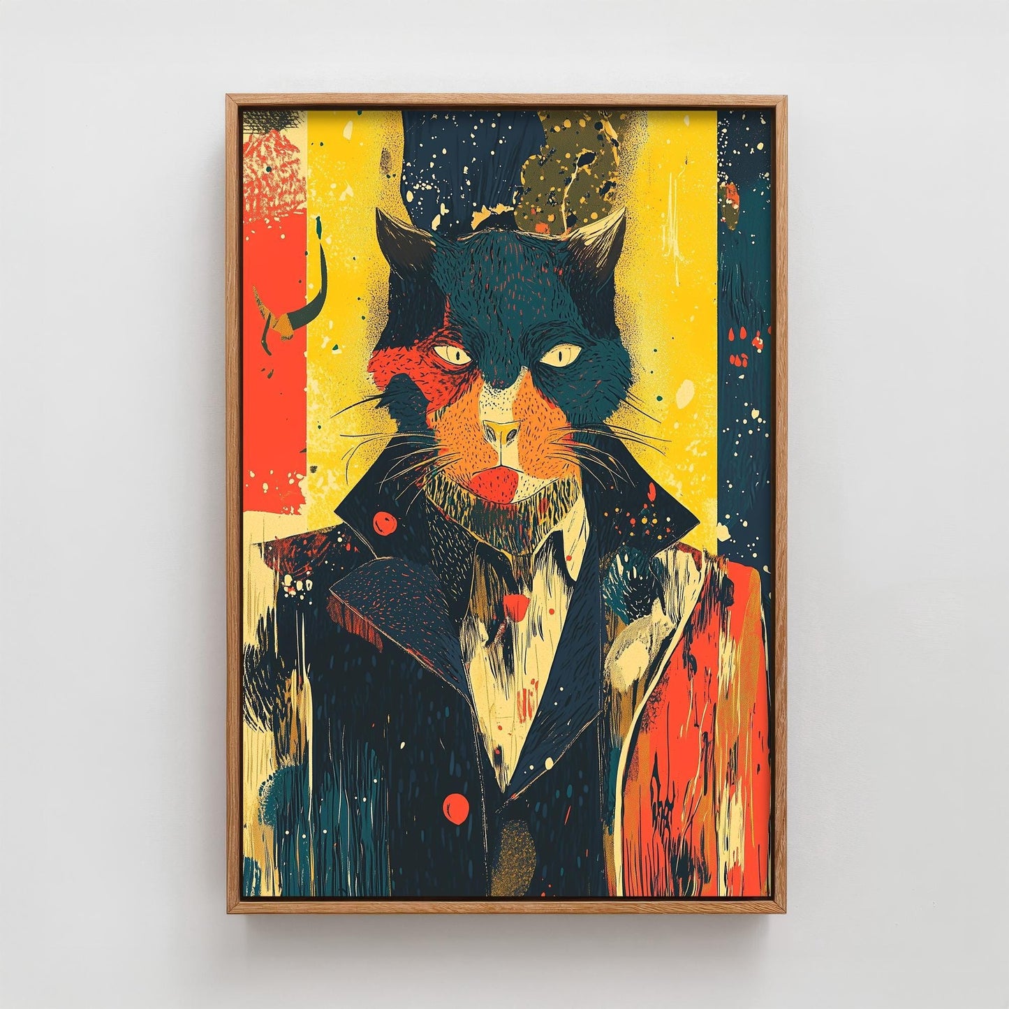 Feral Floral Cat Art Print V1 - Teal Cat Yellow Background Poster - Bold Colourful Woodcut Collage Painting Animals in Clothes Gift 3/3