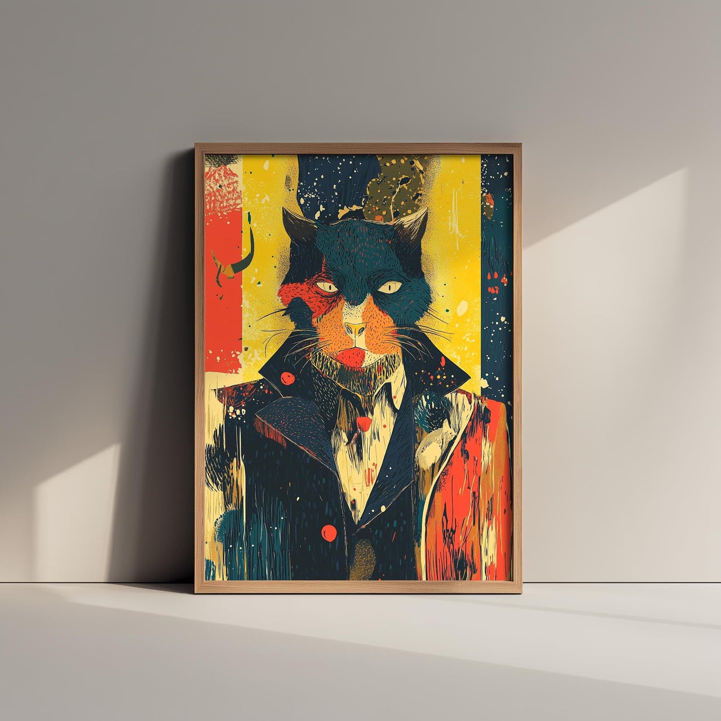 Feral Floral Cat Art Print V1 - Teal Cat Yellow Background Poster - Bold Colourful Woodcut Collage Painting Animals in Clothes Gift 3/3