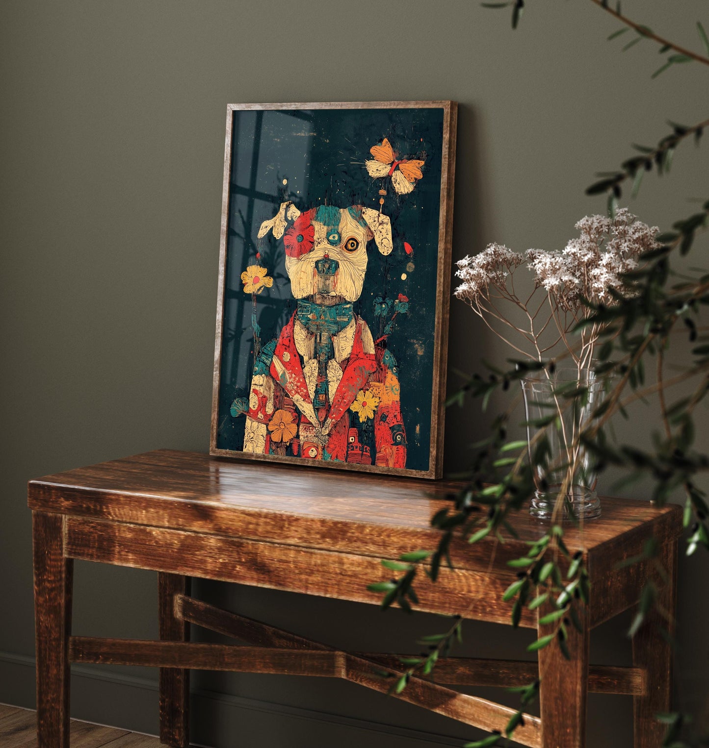 Feral Floral Dog Art Print - Floral Coat Butterfly Dog Poster - Bold Colourful Woodcut Collage Painting Animals in Clothes Gift