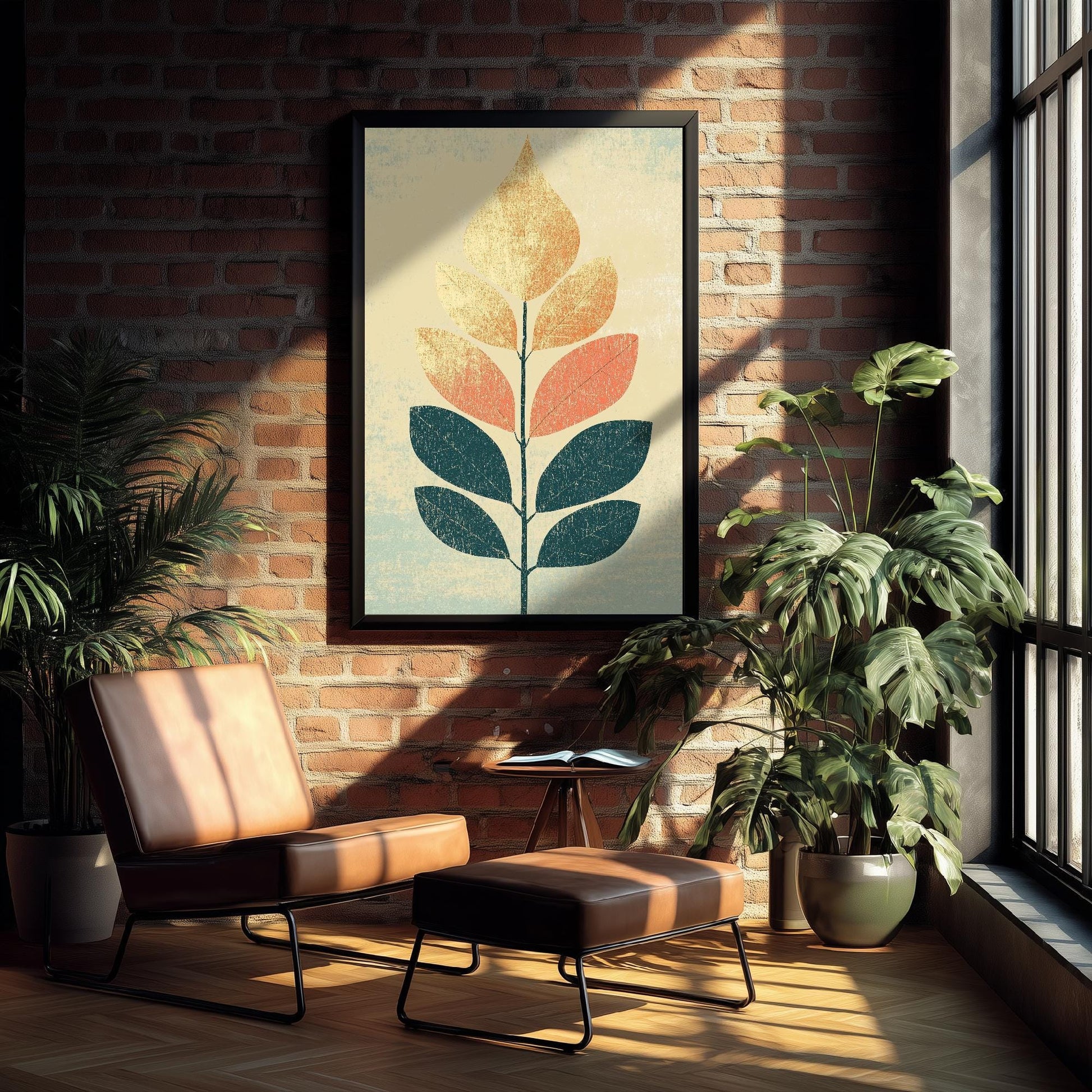 Leaf Love Art Print V1 | Cream Teal Two-Tone Leaf Botanical Poster | Japandi Nature Painting Neutral Decor 2/3