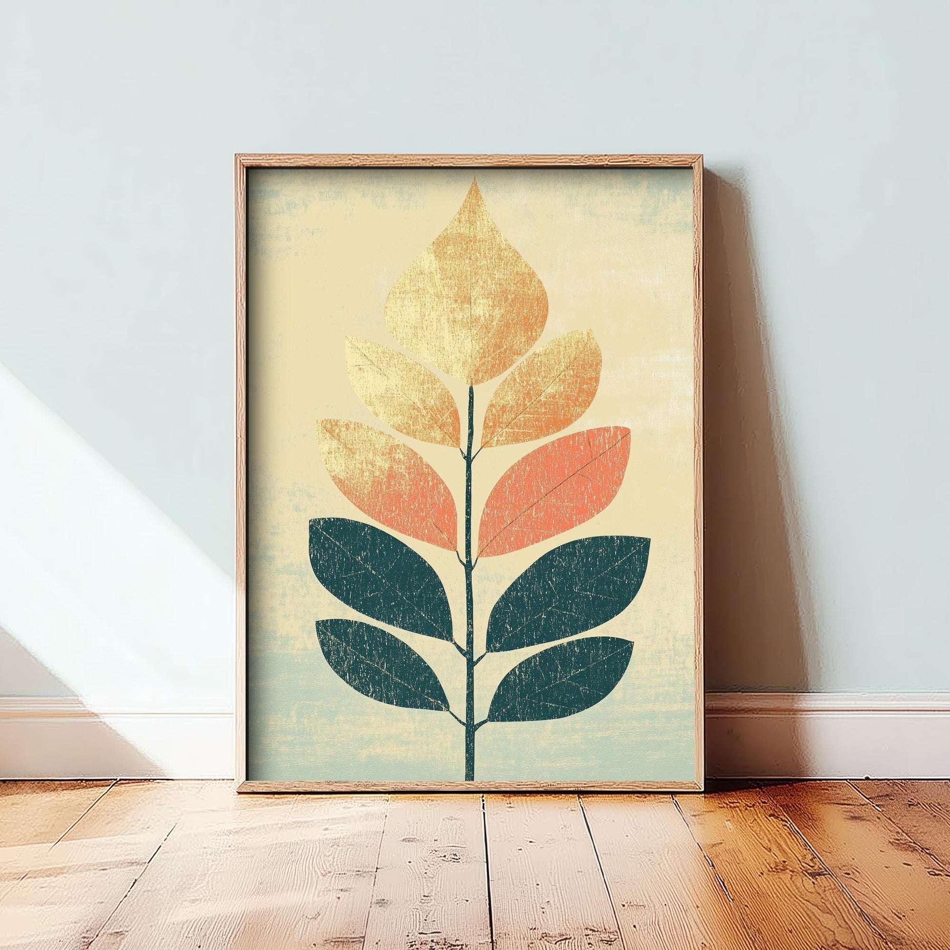 Leaf Love Art Print V1 | Cream Teal Two-Tone Leaf Botanical Poster | Japandi Nature Painting Neutral Decor 2/3