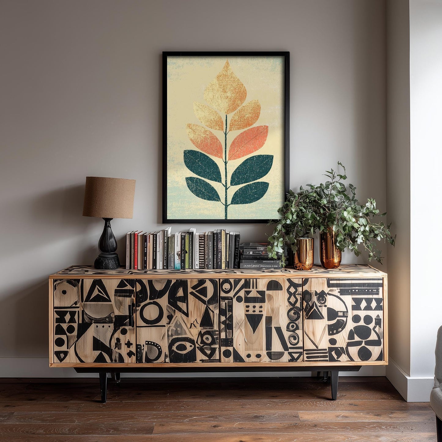 Leaf Love Art Print V1 | Cream Teal Two-Tone Leaf Botanical Poster | Japandi Nature Painting Neutral Decor 2/3
