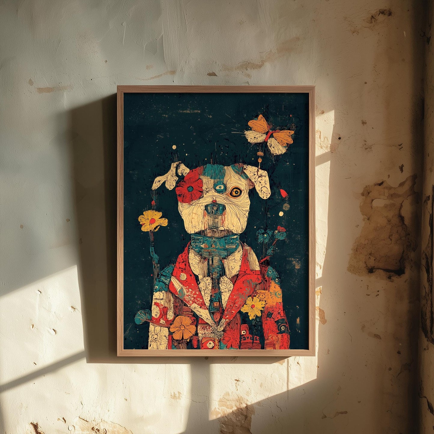 Feral Floral Dog Art Print - Floral Coat Butterfly Dog Poster - Bold Colourful Woodcut Collage Painting Animals in Clothes Gift