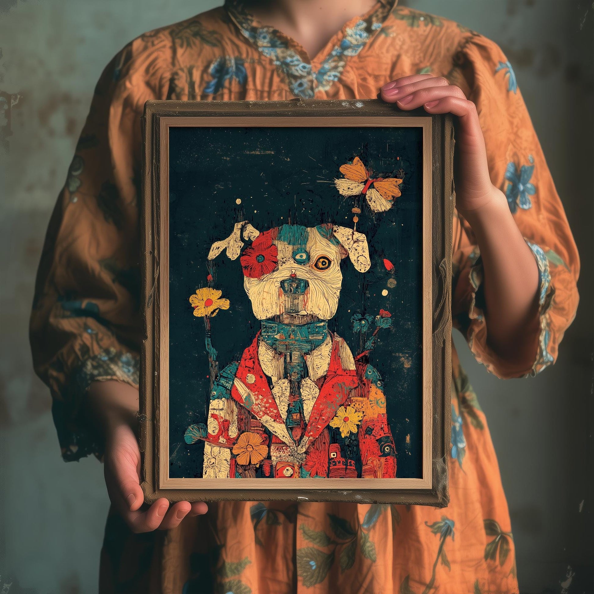 Feral Floral Dog Art Print - Floral Coat Butterfly Dog Poster - Bold Colourful Woodcut Collage Painting Animals in Clothes Gift