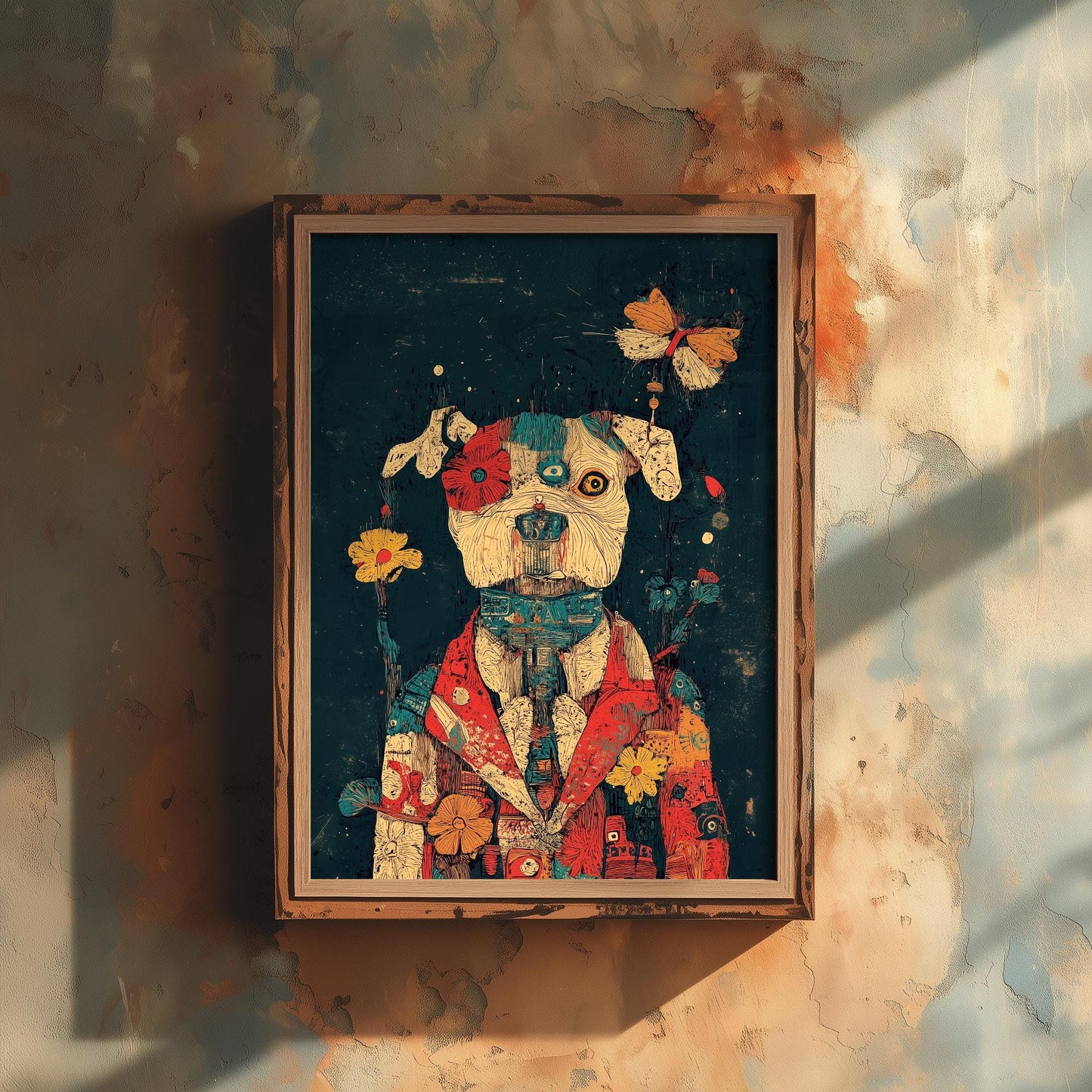 Feral Floral Dog Art Print - Floral Coat Butterfly Dog Poster - Bold Colourful Woodcut Collage Painting Animals in Clothes Gift