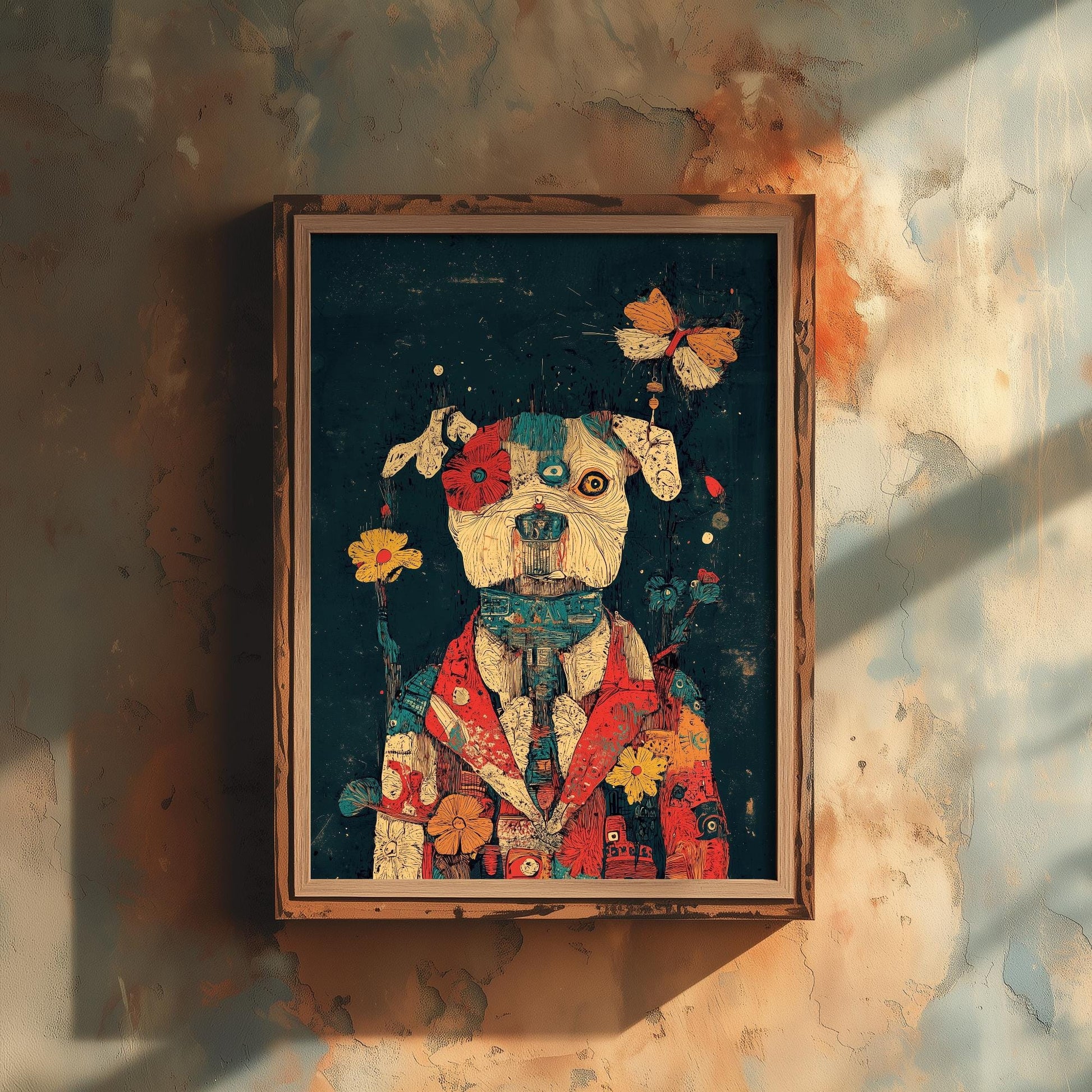 Feral Floral Dog Art Print - Floral Coat Butterfly Dog Poster - Bold Colourful Woodcut Collage Painting Animals in Clothes Gift