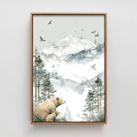 Bear and Bear Cub Snowy Art Print - White Mountain Animals Poster - Matterhorn Painting Illustration Gift