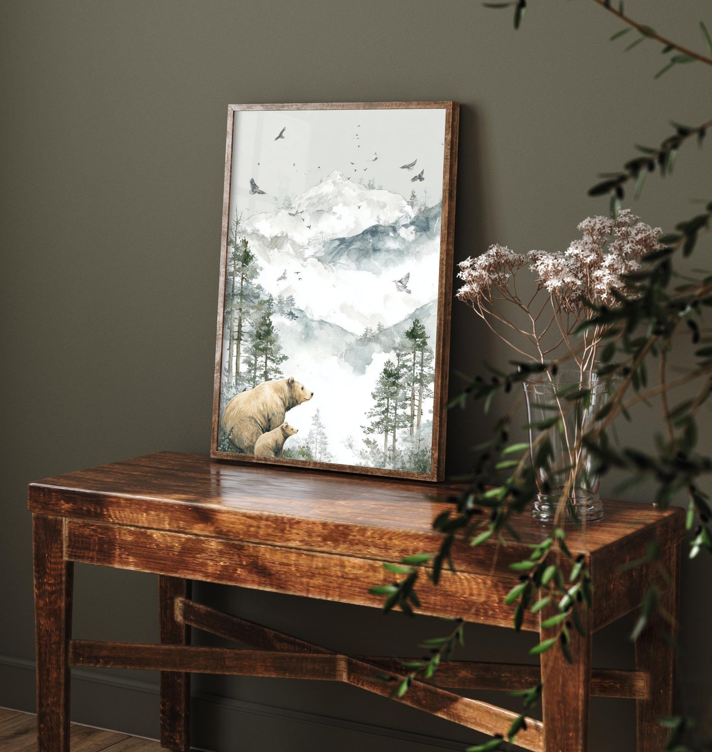 Bear and Bear Cub Snowy Art Print - White Mountain Animals Poster - Matterhorn Painting Illustration Gift