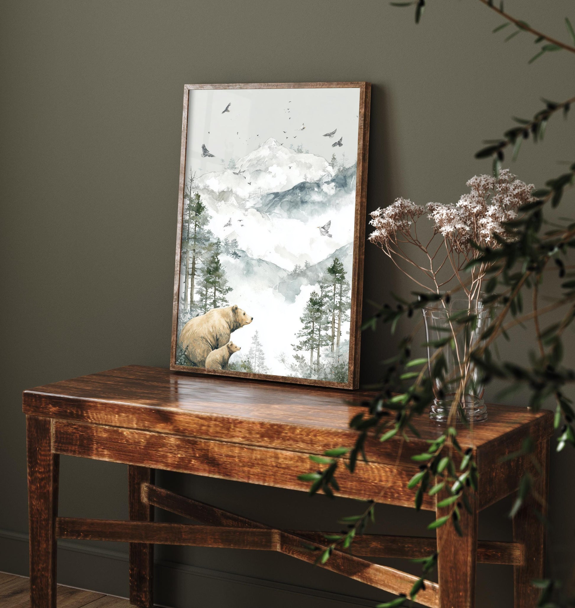 Bear and Bear Cub Snowy Art Print - White Mountain Animals Poster - Matterhorn Painting Illustration Gift