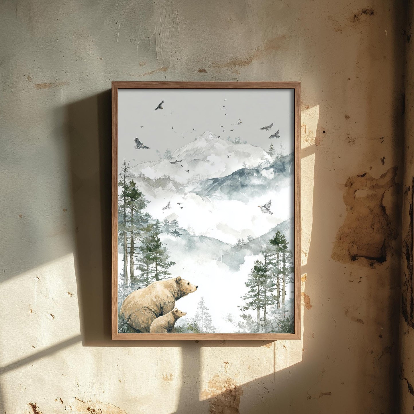 Bear and Bear Cub Snowy Art Print - White Mountain Animals Poster - Matterhorn Painting Illustration Gift