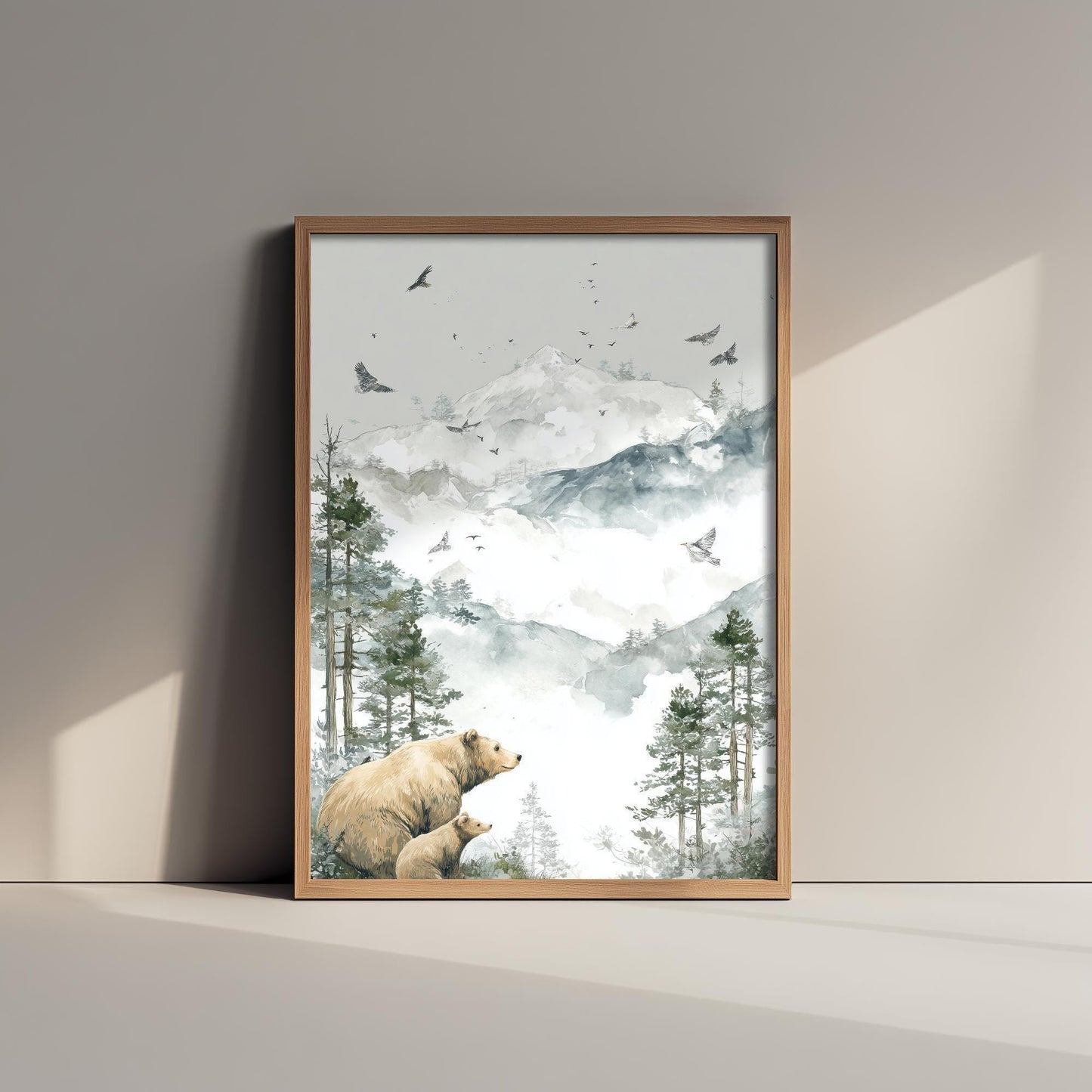 Bear and Bear Cub Snowy Art Print - White Mountain Animals Poster - Matterhorn Painting Illustration Gift