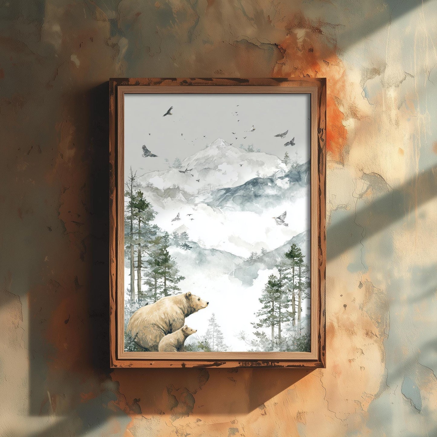 Bear and Bear Cub Snowy Art Print - White Mountain Animals Poster - Matterhorn Painting Illustration Gift