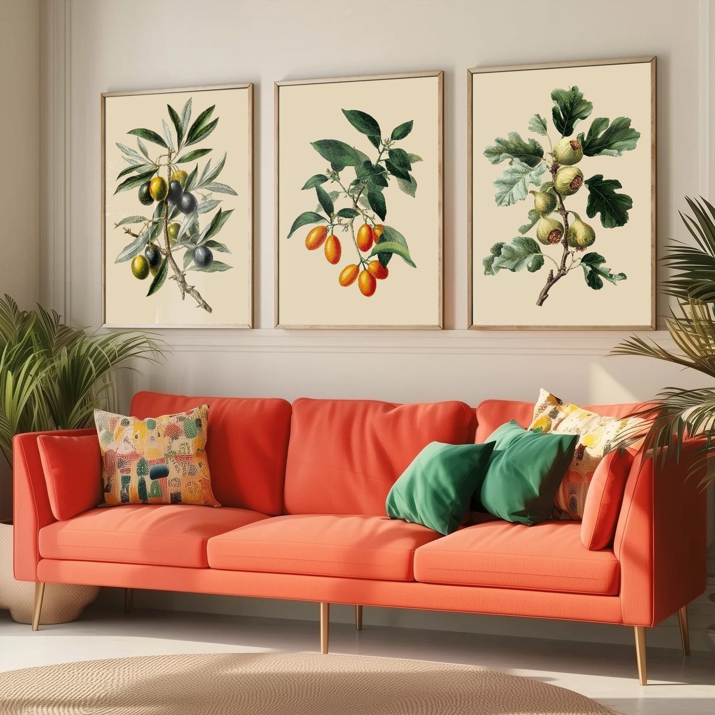 Set of Three Vintage Botanical Fruit Art Prints - 3 Paintings of Olives, Kumquats and Figs - Poster Cooking Kitchen