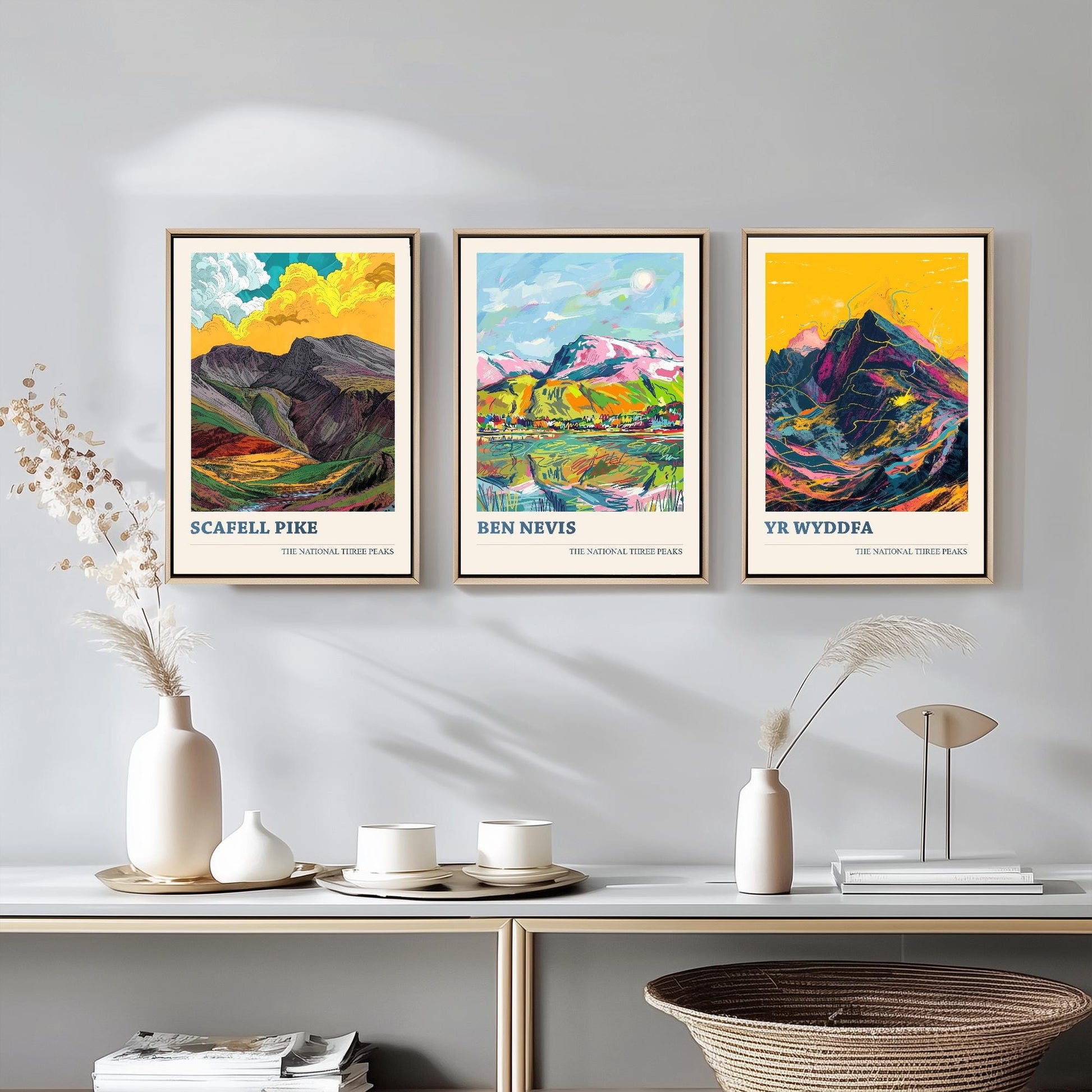 The National Three Peaks Art Print - Set of Three Mountain Posters - Scafell Pike, Ben Nevis, Yr Wyddfa (Snowdon) Paintings - Hiking Gift