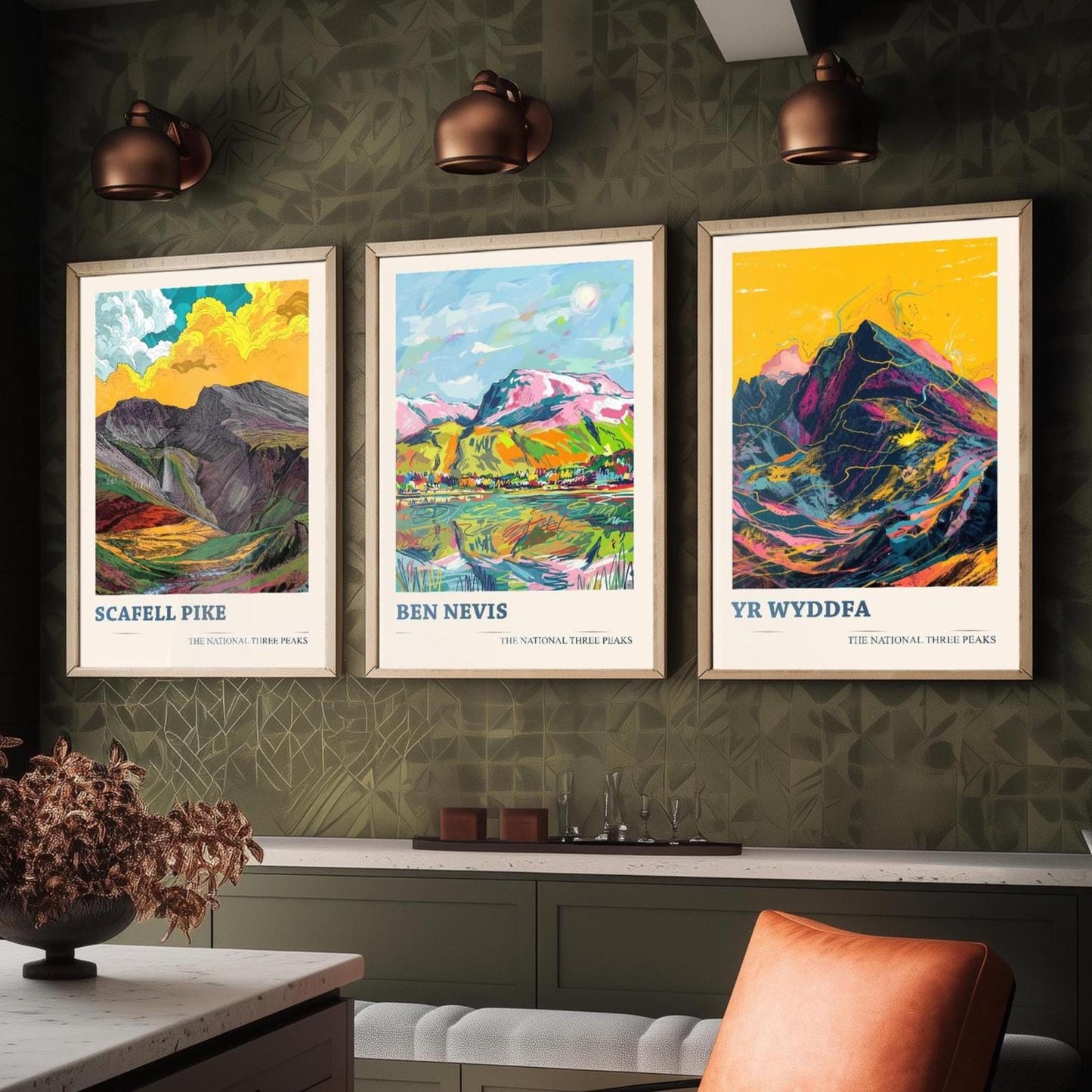 The National Three Peaks Art Print - Set of Three Mountain Posters - Scafell Pike, Ben Nevis, Yr Wyddfa (Snowdon) Paintings - Hiking Gift