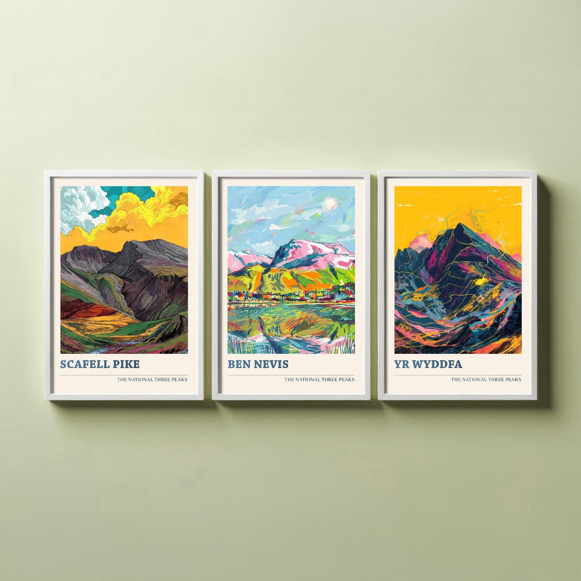 The National Three Peaks Art Print - Set of Three Mountain Posters - Scafell Pike, Ben Nevis, Yr Wyddfa (Snowdon) Paintings - Hiking Gift