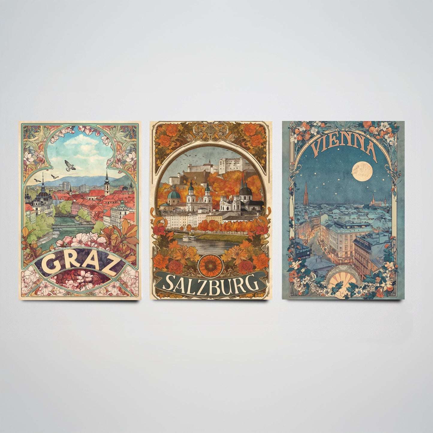 Graz, Salzburg and Vienna Prints in Art Nouvea Style - Set of Three Austria City Posters - Paintings of Austrian Landmarks - Travel Gift