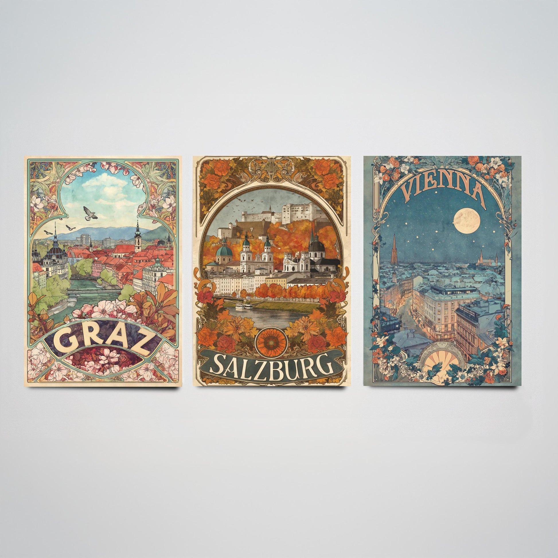 Graz, Salzburg and Vienna Prints in Art Nouvea Style - Set of Three Austria City Posters - Paintings of Austrian Landmarks - Travel Gift