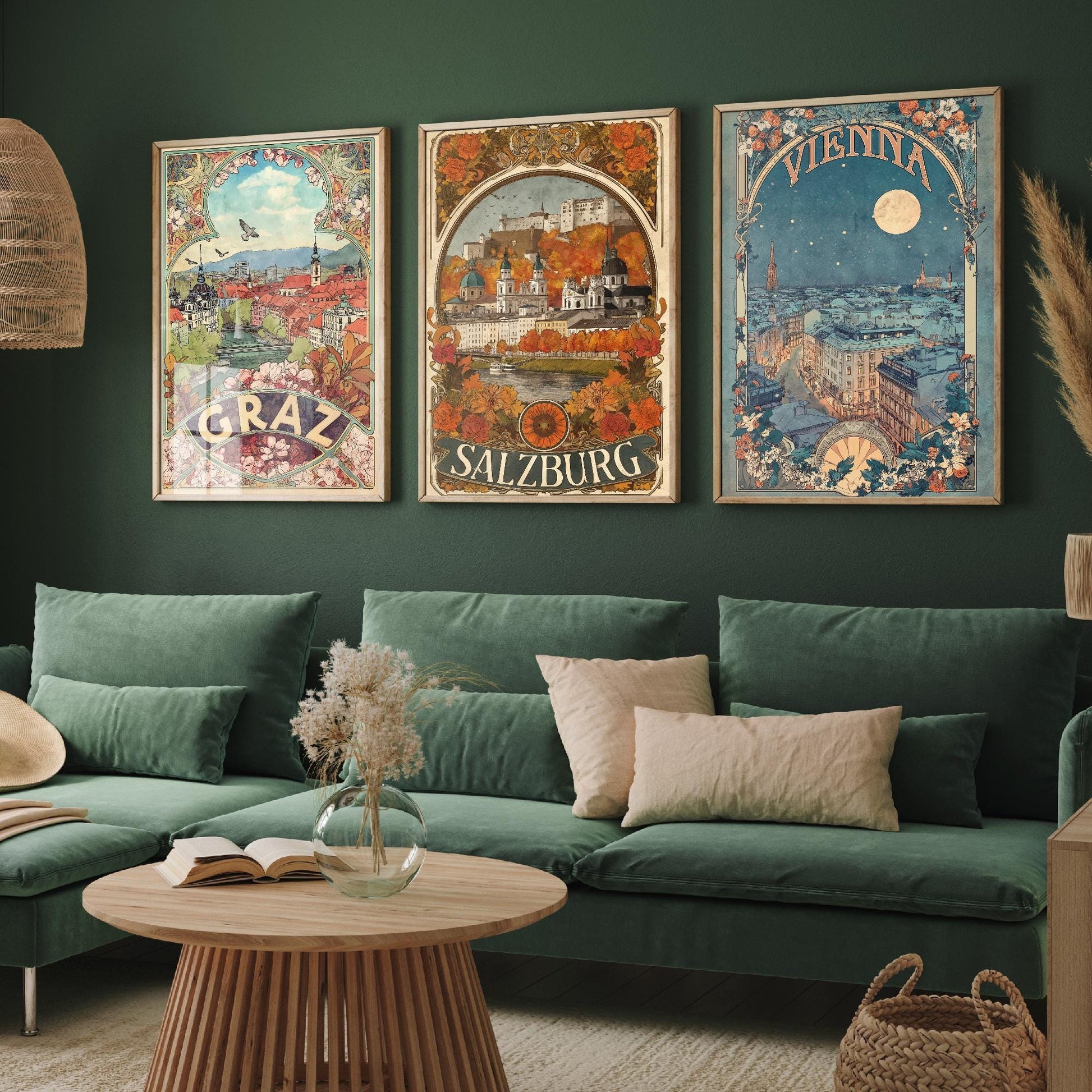 Graz, Salzburg and Vienna Prints in Art Nouvea Style - Set of Three Austria City Posters - Paintings of Austrian Landmarks - Travel Gift
