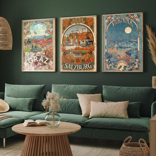 Graz, Salzburg and Vienna Prints in Art Nouvea Style - Set of Three Austria City Posters - Paintings of Austrian Landmarks - Travel Gift