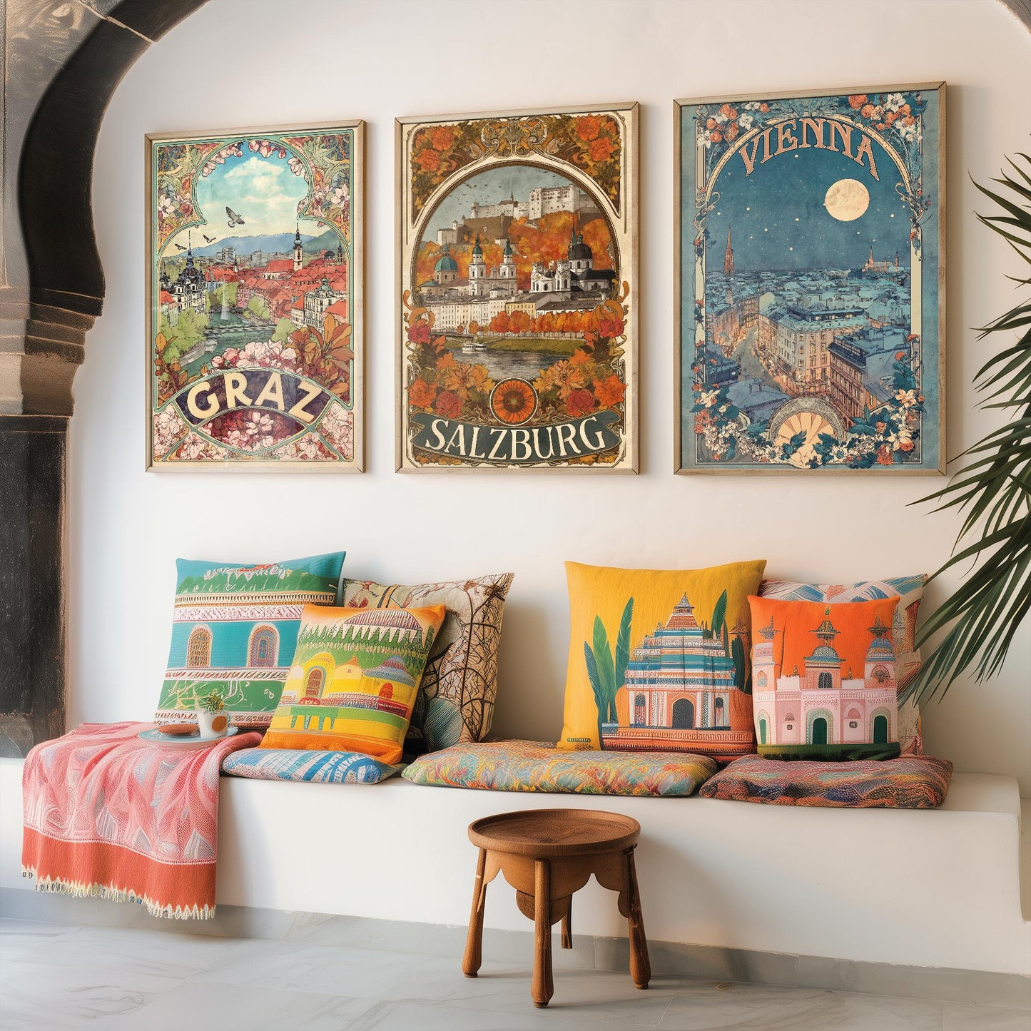 Graz, Salzburg and Vienna Prints in Art Nouvea Style - Set of Three Austria City Posters - Paintings of Austrian Landmarks - Travel Gift