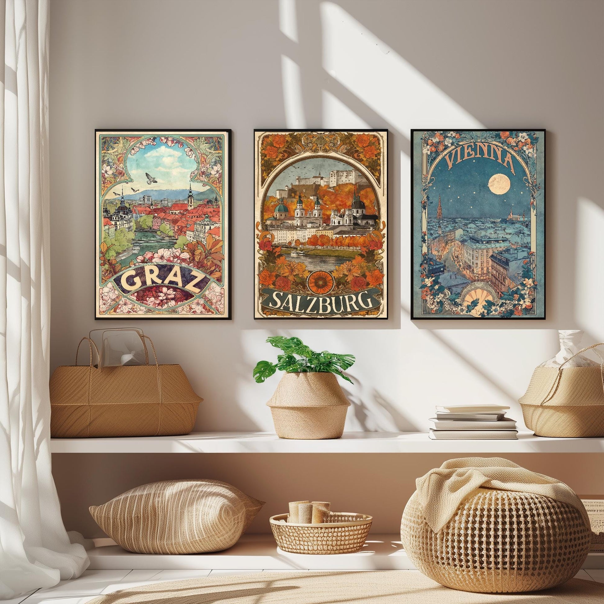 Graz, Salzburg and Vienna Prints in Art Nouvea Style - Set of Three Austria City Posters - Paintings of Austrian Landmarks - Travel Gift