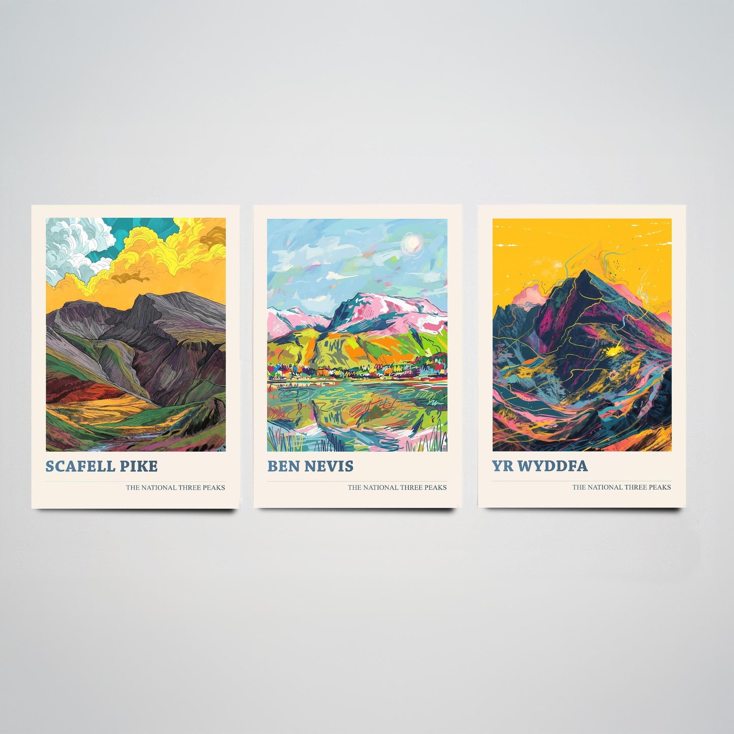 The National Three Peaks Art Print - Set of Three Mountain Posters - Scafell Pike, Ben Nevis, Yr Wyddfa (Snowdon) Paintings - Hiking Gift