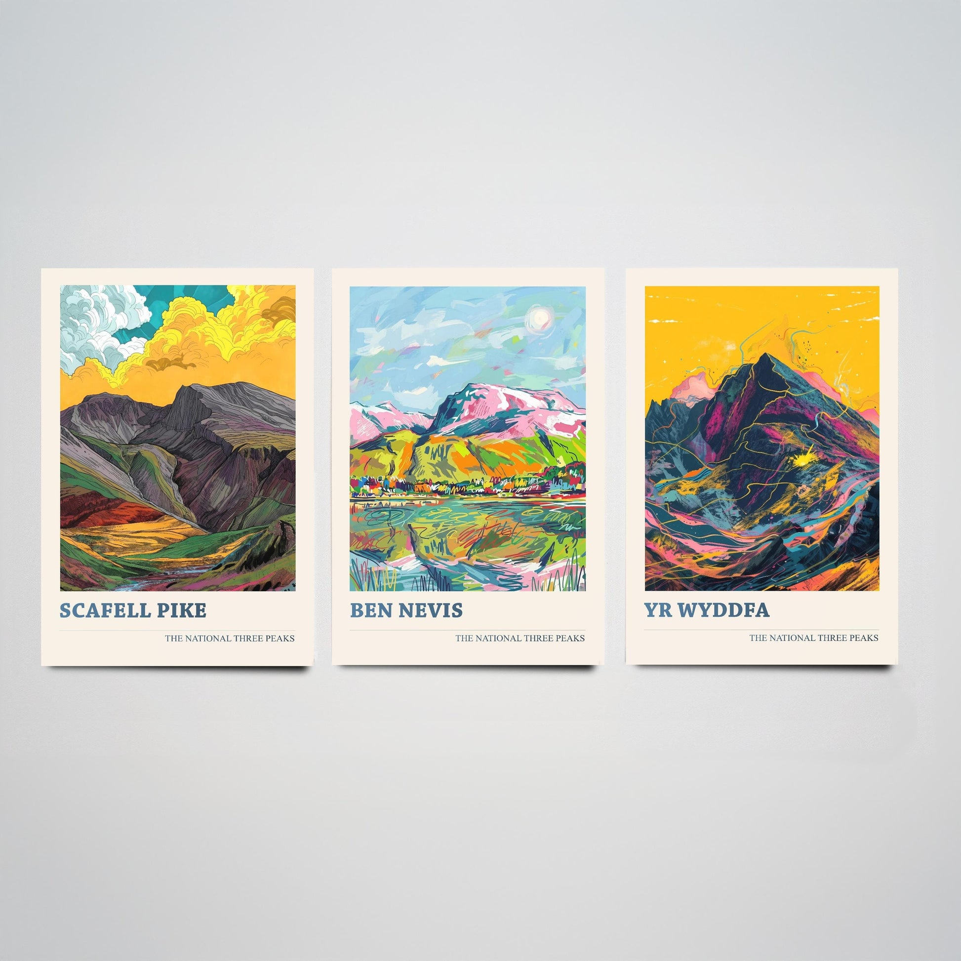 The National Three Peaks Art Print - Set of Three Mountain Posters - Scafell Pike, Ben Nevis, Yr Wyddfa (Snowdon) Paintings - Hiking Gift