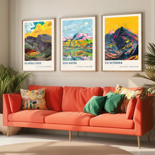 The National Three Peaks Art Print - Set of Three Mountain Posters - Scafell Pike, Ben Nevis, Yr Wyddfa (Snowdon) Paintings - Hiking Gift