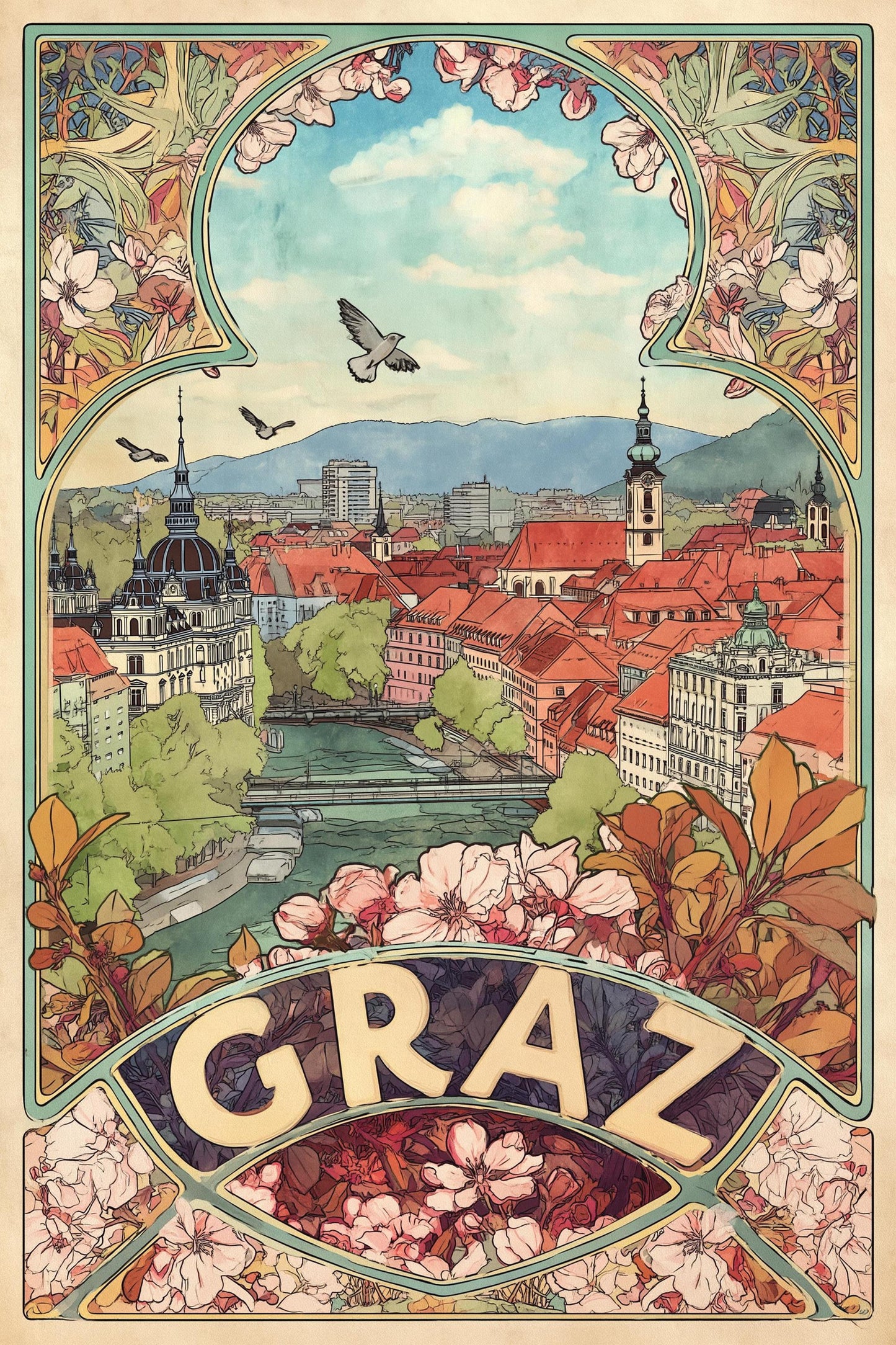 Graz, Salzburg and Vienna Prints in Art Nouvea Style - Set of Three Austria City Posters - Paintings of Austrian Landmarks - Travel Gift
