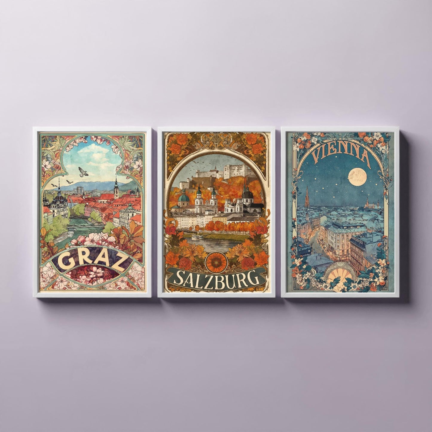 Graz, Salzburg and Vienna Prints in Art Nouvea Style - Set of Three Austria City Posters - Paintings of Austrian Landmarks - Travel Gift