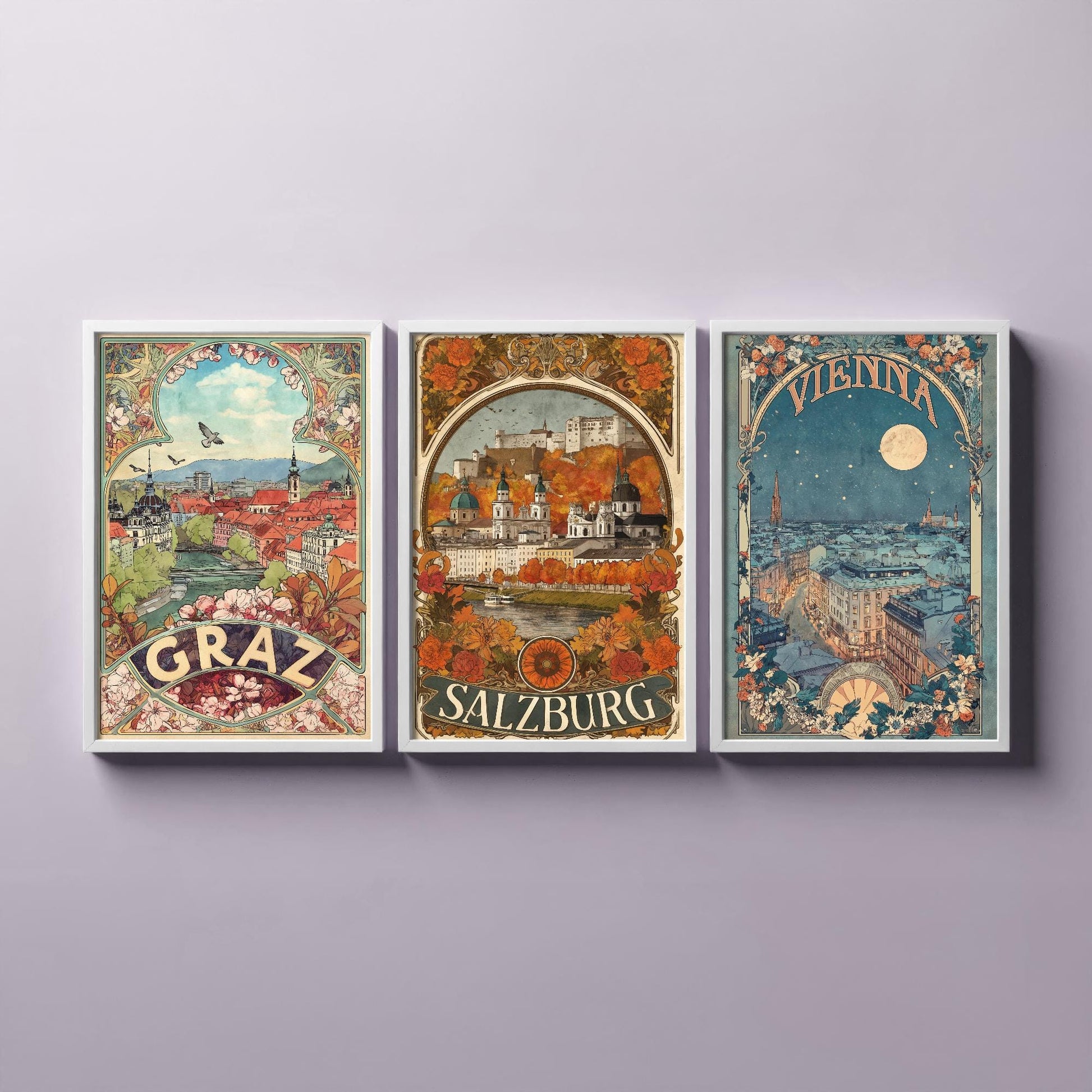 Graz, Salzburg and Vienna Prints in Art Nouvea Style - Set of Three Austria City Posters - Paintings of Austrian Landmarks - Travel Gift