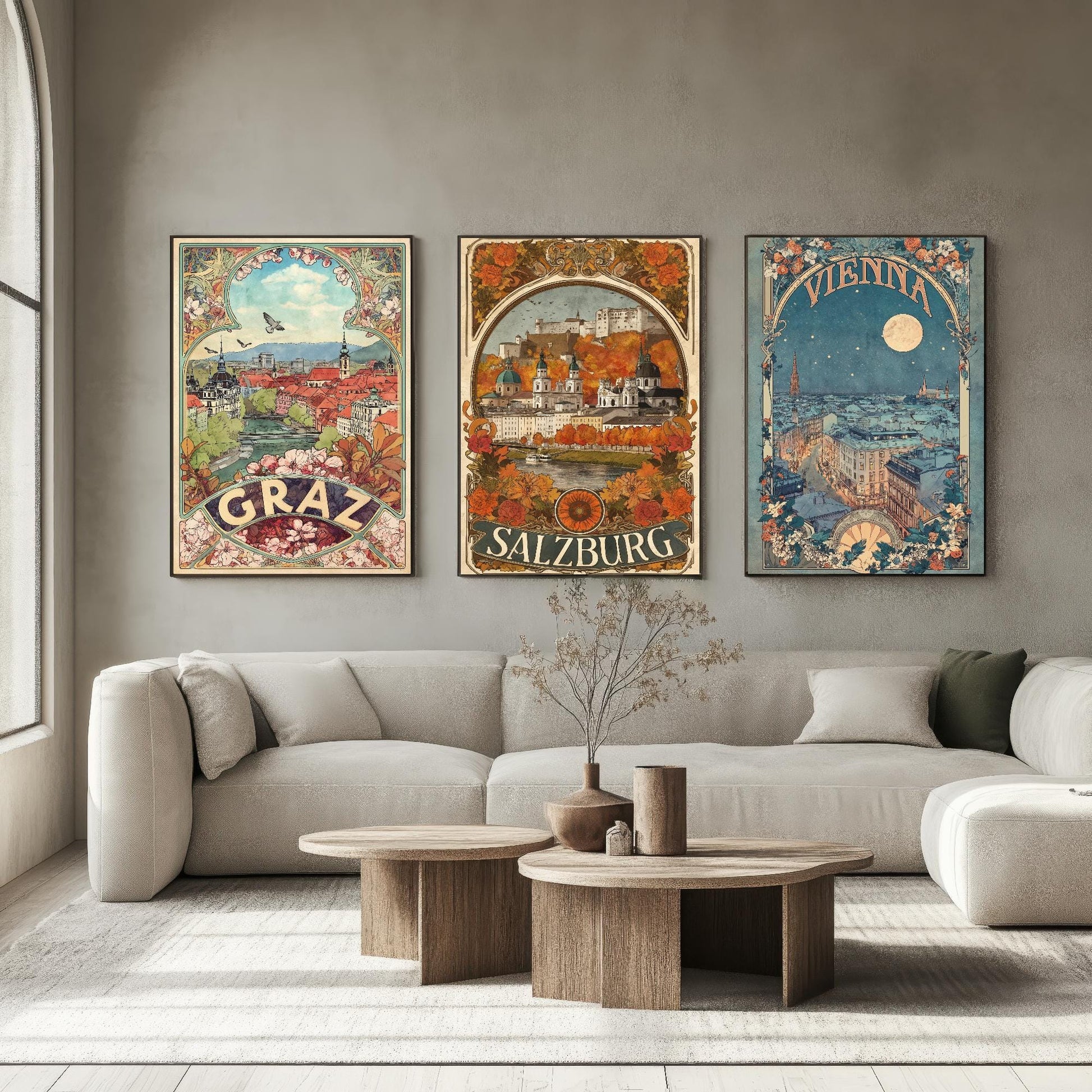 Graz, Salzburg and Vienna Prints in Art Nouvea Style - Set of Three Austria City Posters - Paintings of Austrian Landmarks - Travel Gift