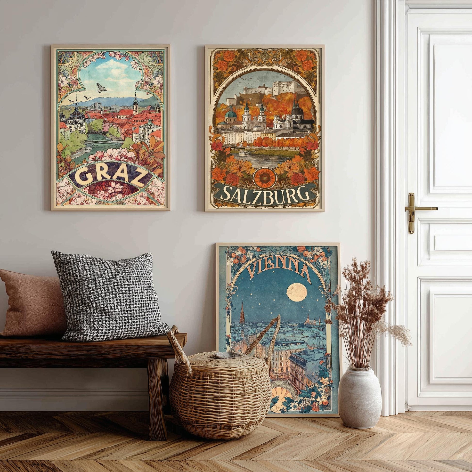 Graz, Salzburg and Vienna Prints in Art Nouvea Style - Set of Three Austria City Posters - Paintings of Austrian Landmarks - Travel Gift