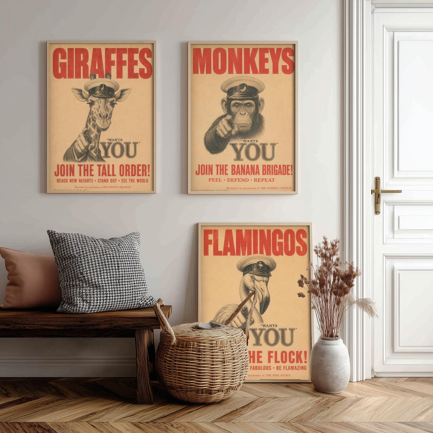 Funny Animal Recruitment Set of Three Prints | Giraffe Monkey Flamingo Wants You | Vintage Propaganda Style Wall Art Poster