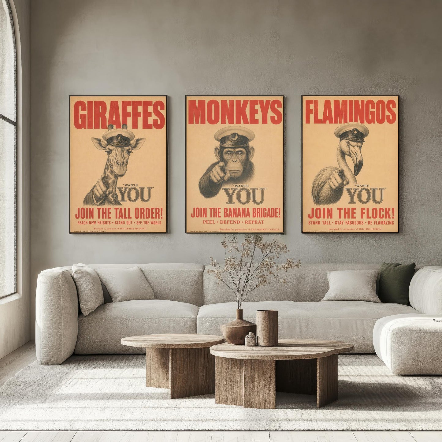 Funny Animal Recruitment Set of Three Prints | Giraffe Monkey Flamingo Wants You | Vintage Propaganda Style Wall Art Poster